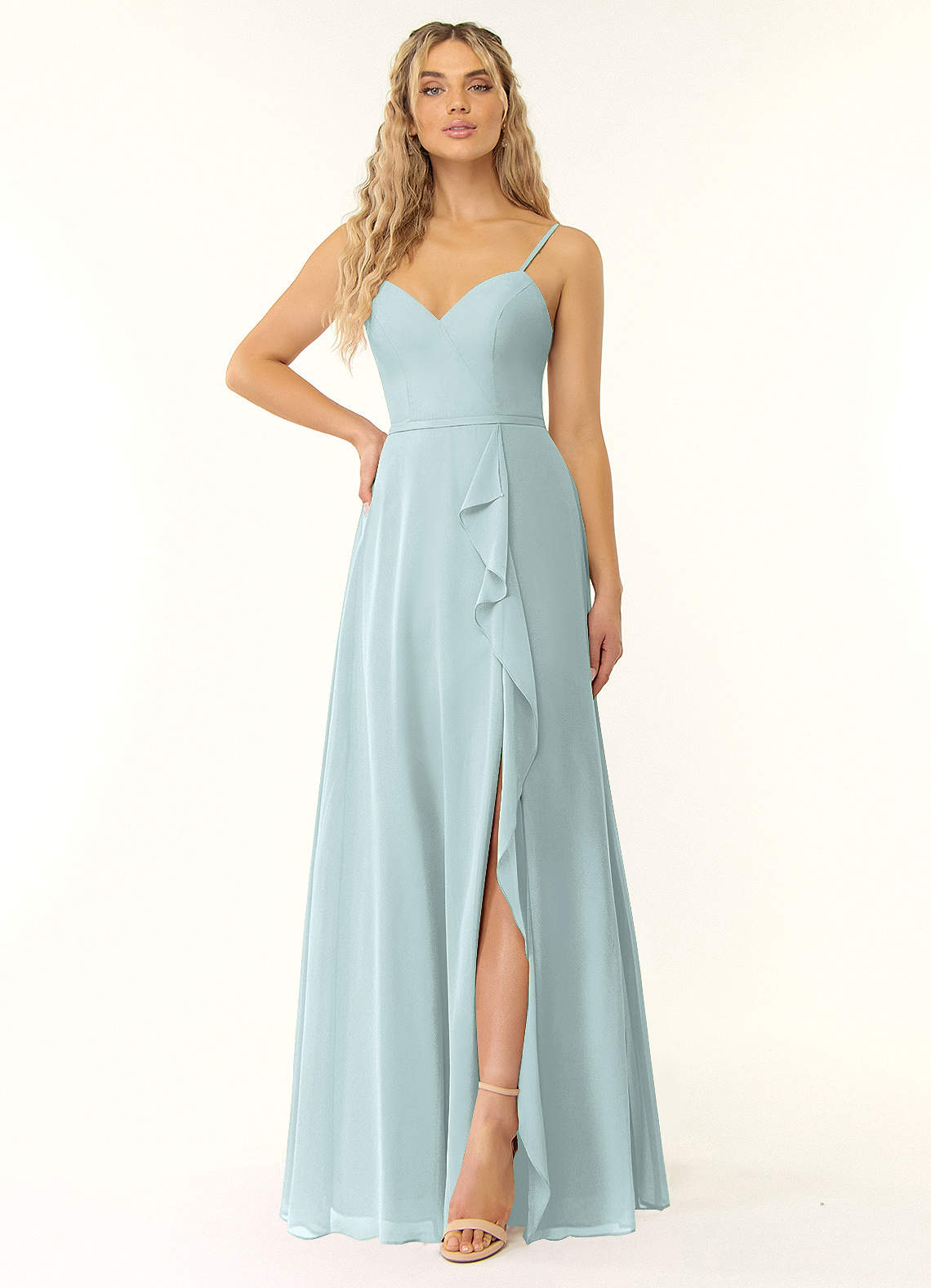 a line wedding dress with spaghetti straps A-line V-neck Floor Length Chiffon Bridesmaid Dresses