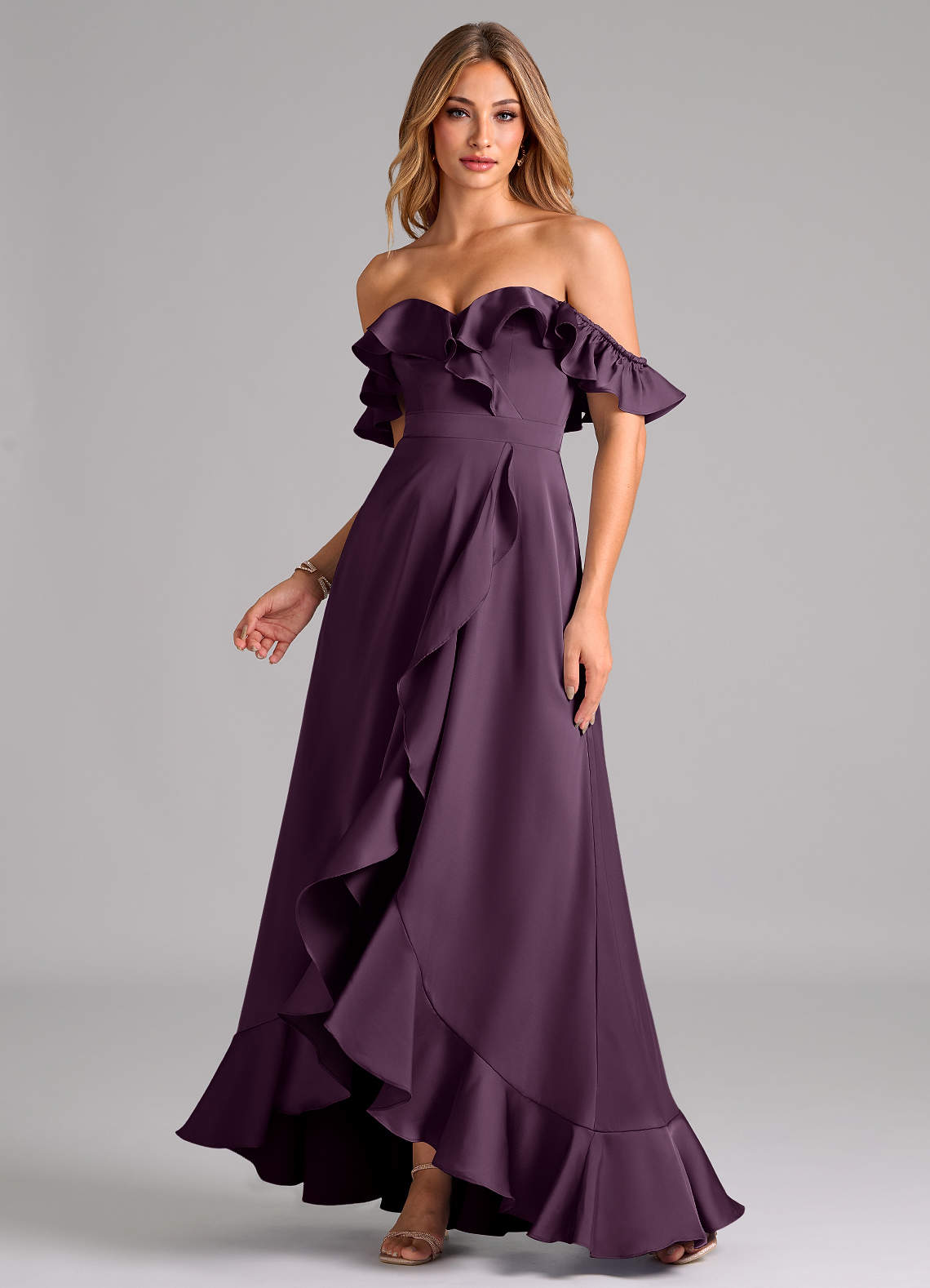 Azazie Lyra Bridesmaid Dresses Plum A-Line Off the Shoulder Stretch Satin Convertible Dress image1