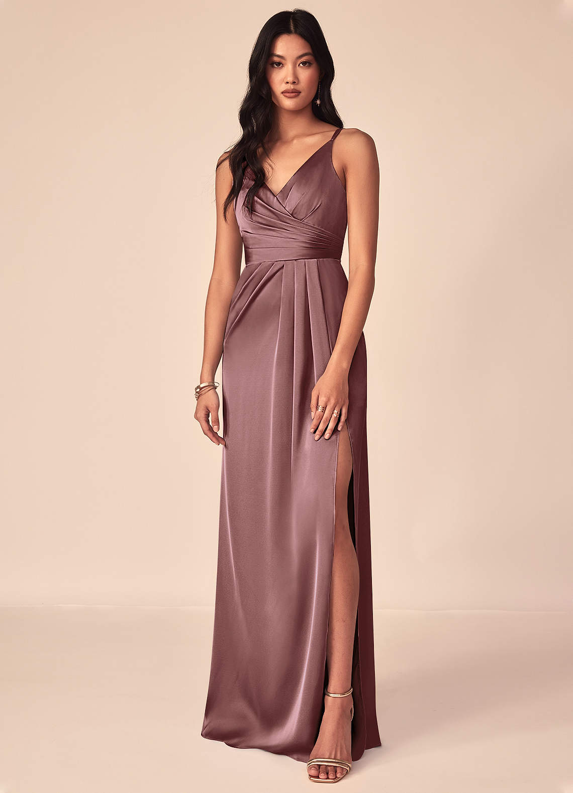 Azazie Aqua Bridesmaid Dresses Vintage Mauve A-Line V-Neck Pleated Stretch Satin Dress image1