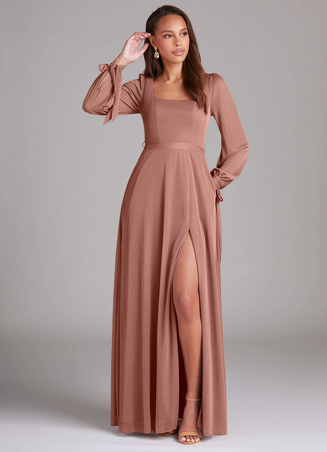 Azazie Leonia Bridesmaid Dresses Cedar Rose A-Line Long Sleeve Mesh Dress image1