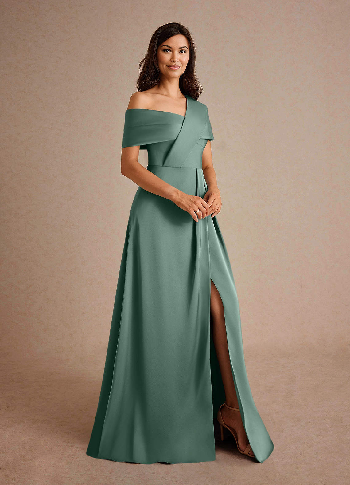 Azazie Milton Vestidos para mãe da noiva Vestir Eucalipto de Cetim elástico de Linha A com Plissado image5
