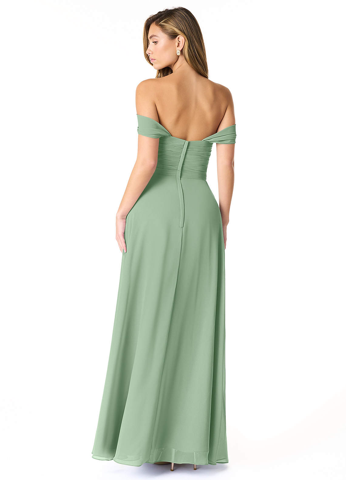 Azazie Kaitlynn At-home Try On Dresses Matcha Empire Ruched Chiffon Convertible Dress image2