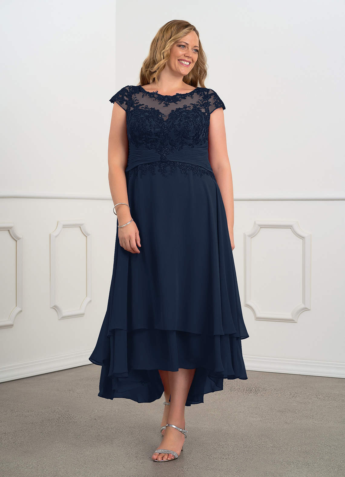 Dark Navy Azazie Shonda Boatneck Pleated Lace Chiffon Asymmetrical ...