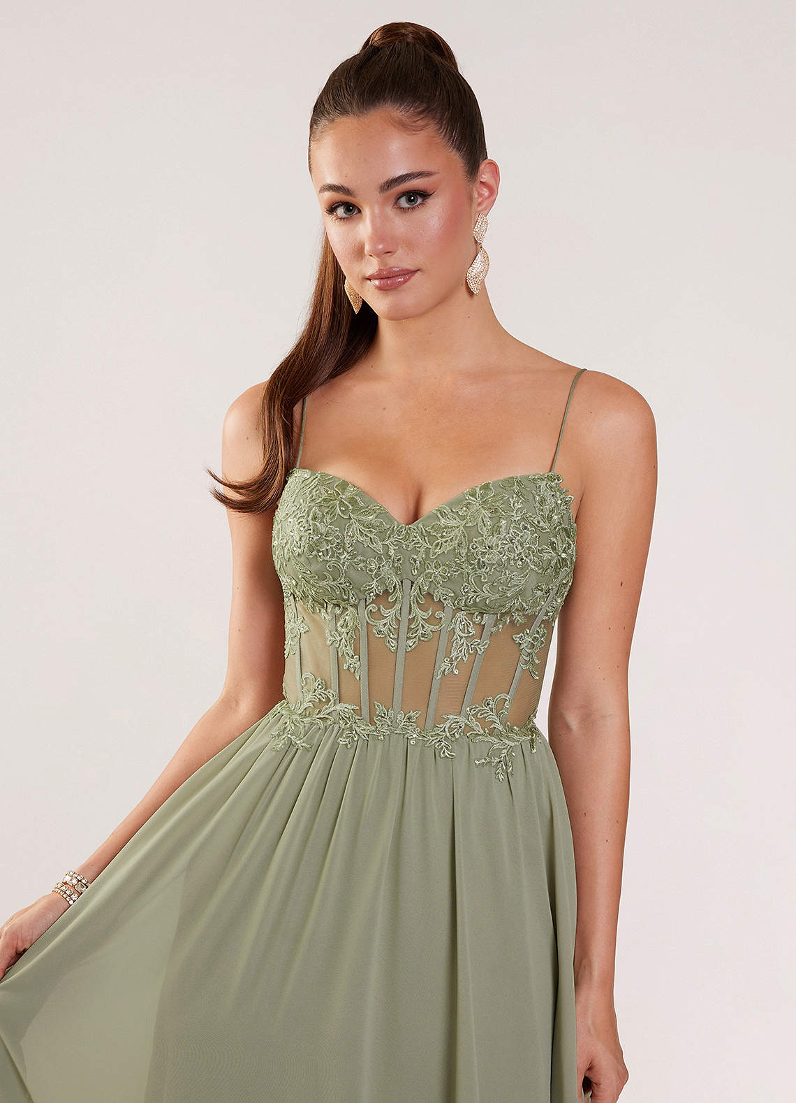 Thalyago Dusty Sage Beading Lace Satin Faced Chiffon Prom Dress | Azazie