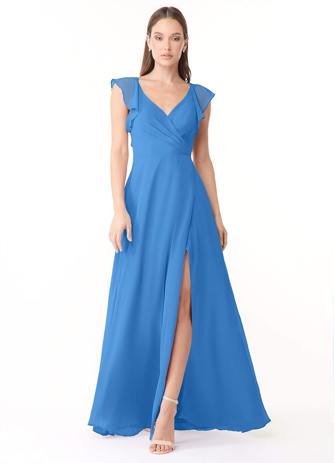 Azazie Yoko Bridesmaid Dresses Blue Jay A-Line Ruched Chiffon Dress image1