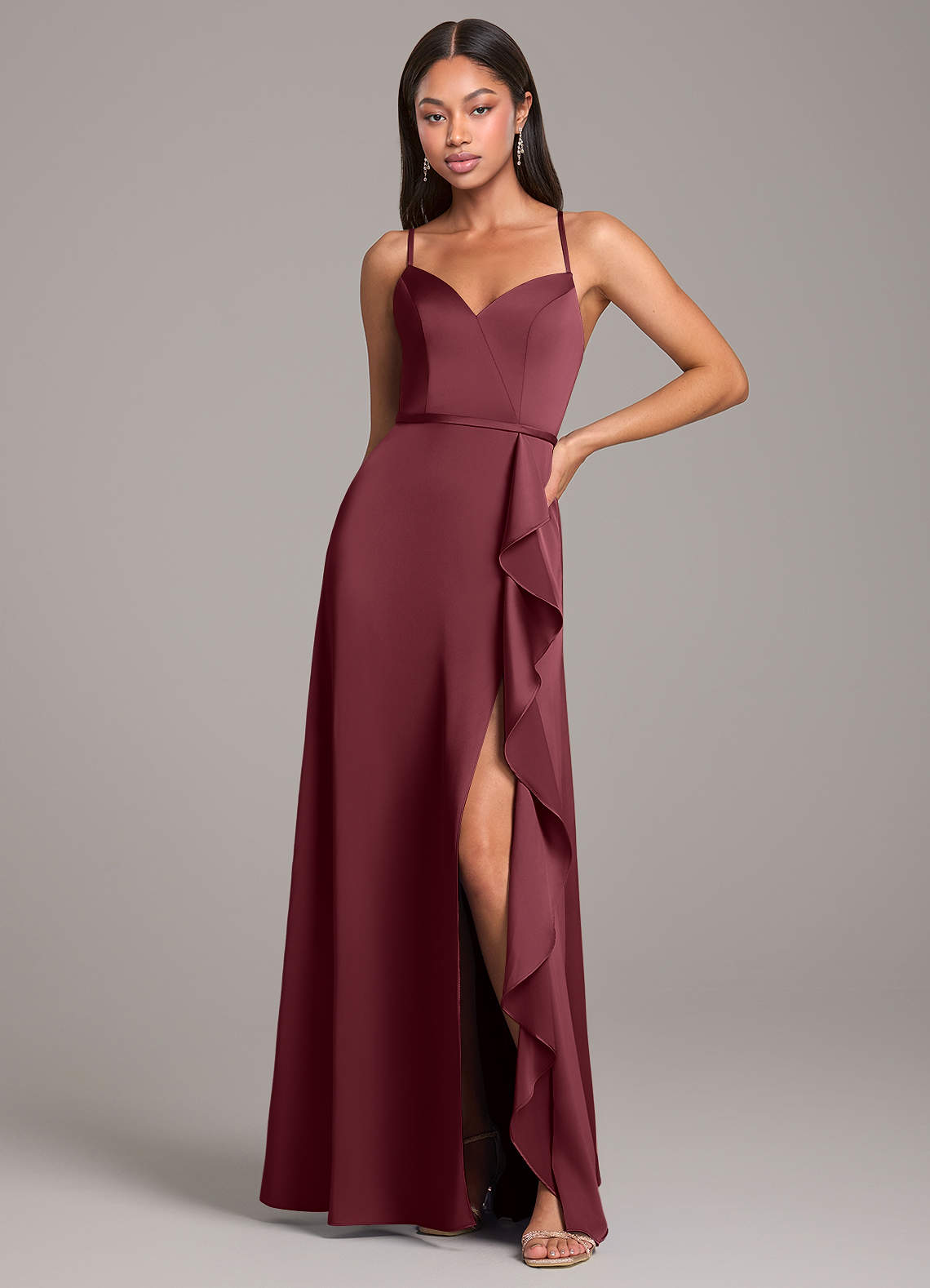 Azazie Naeem Bridesmaid Dresses Merlot A-Line Stretch Satin Dress image1