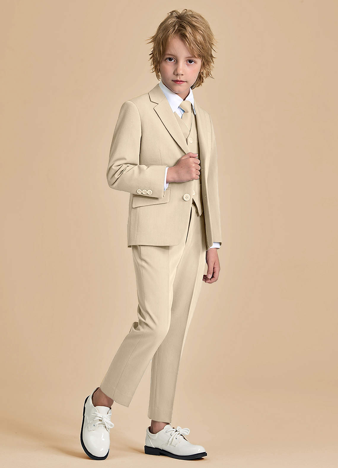 front Oliver Boys Tan 5-Piece Suit With Pre-tie