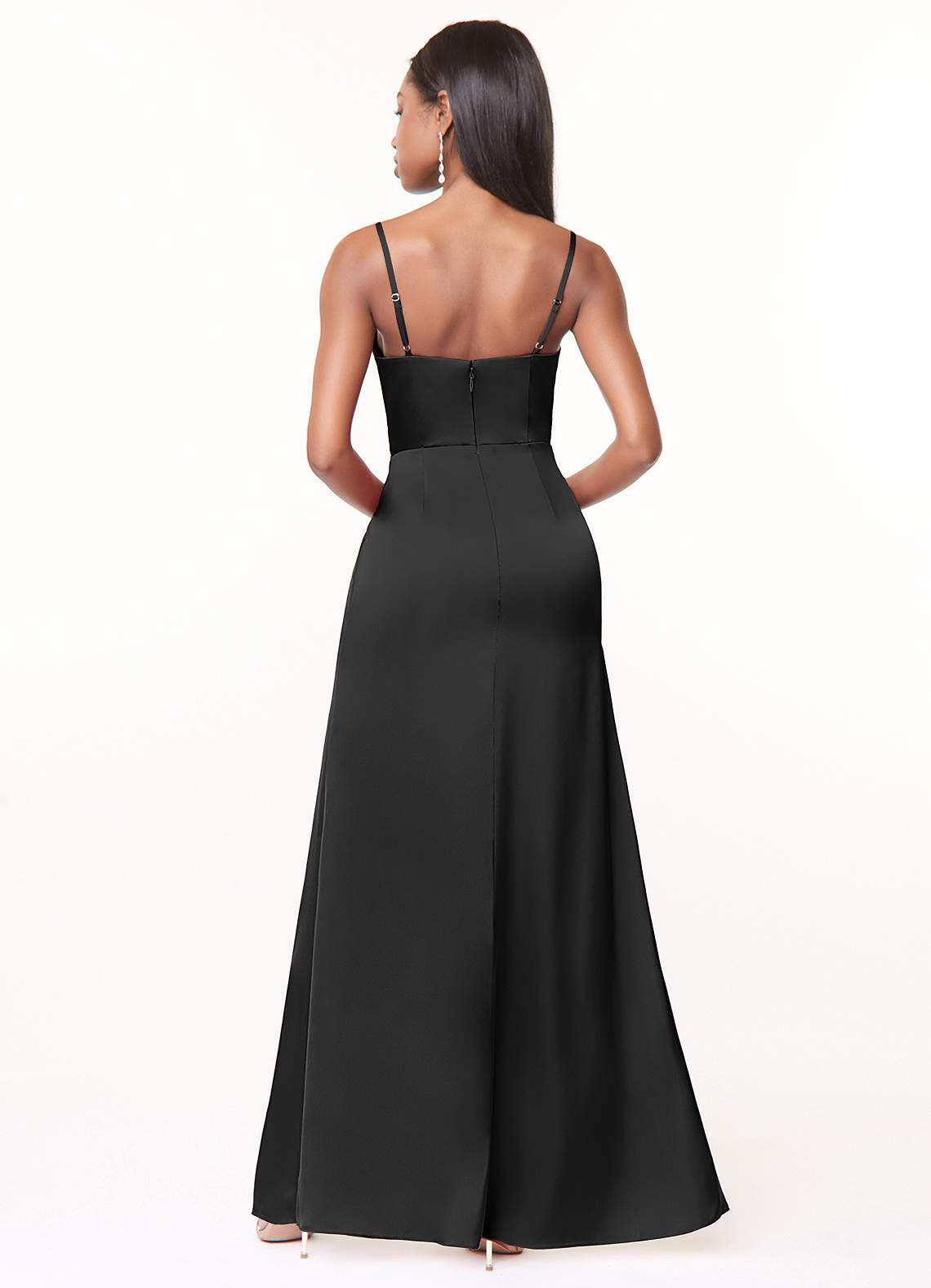 Azazie Maci Bridesmaid Dresses Black A-Line V-Neck Pleated Stretch Satin Dress image1