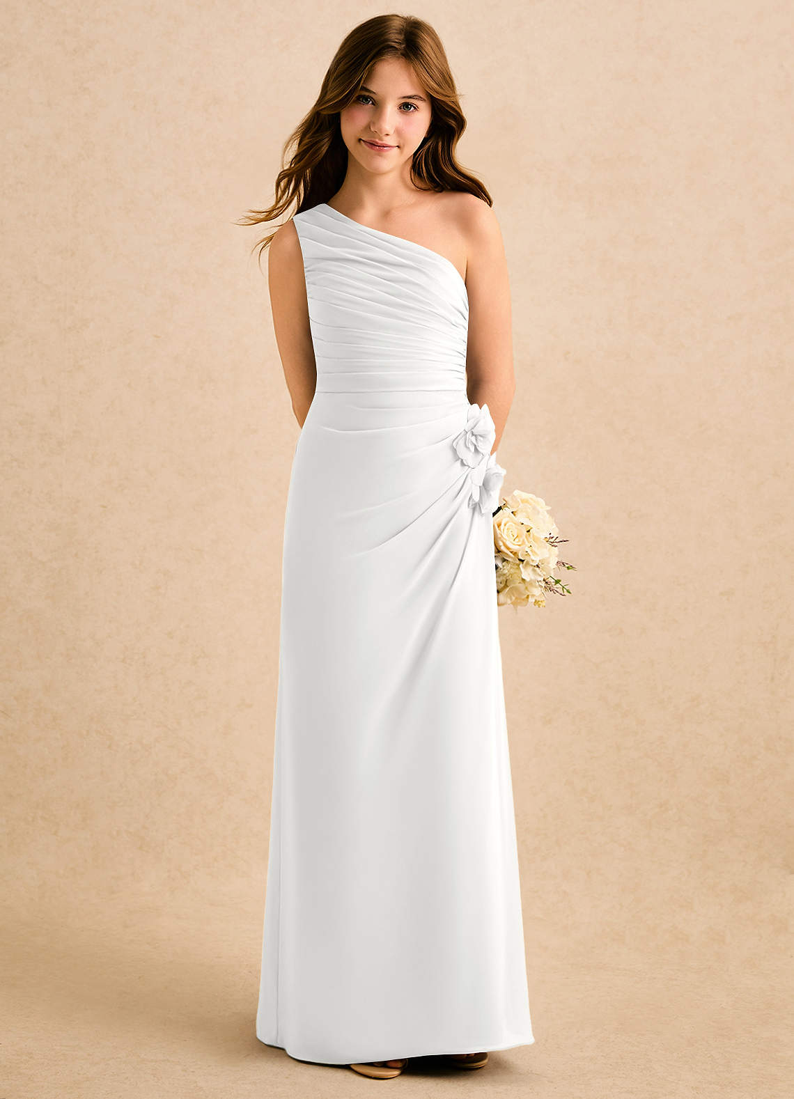 one shoulder white chiffon dress Azazie Charlize