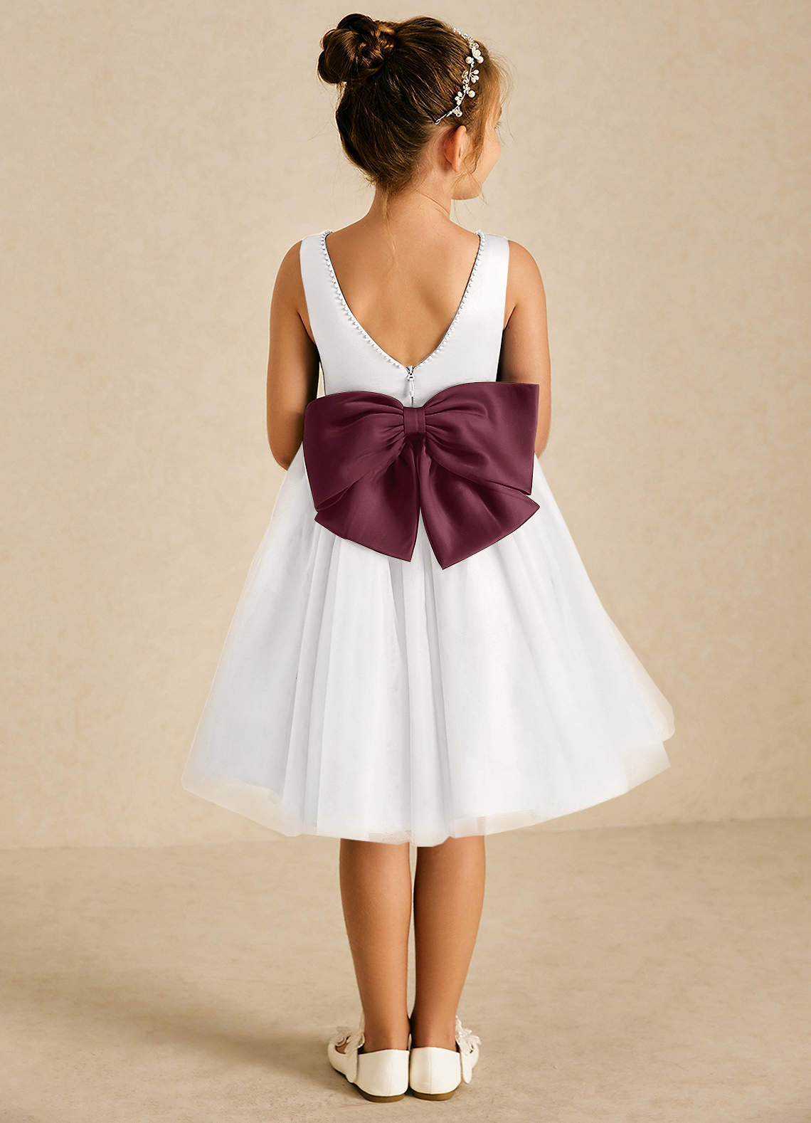 Azazie Seline Blumenmädchenkleider A-Linie Schleifen Tüll Kleid Elfenbein Cabernet image1