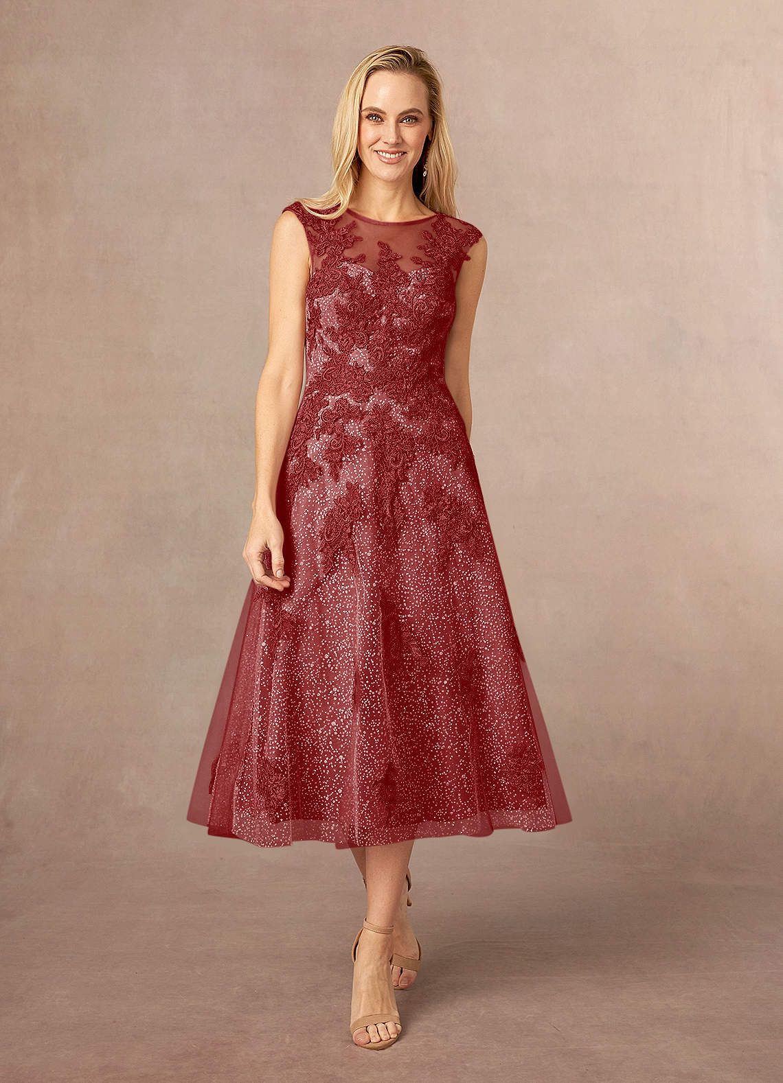 Azazie Flynn Mother of the Bride Dresses Rust A-Line Boatneck Lace Tulle Dress image1