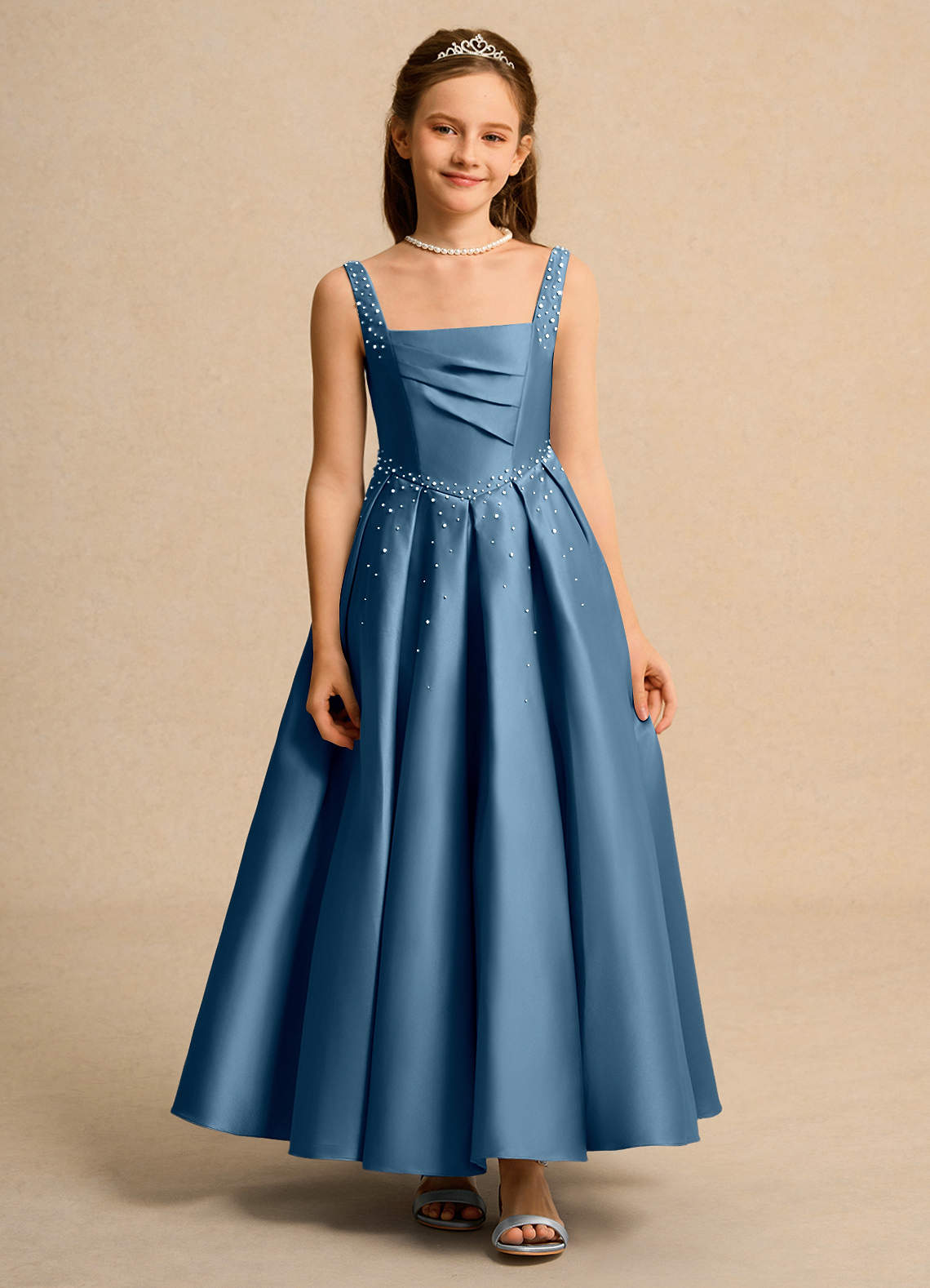 Azazie Mochi Girl vestidos de niña de las flores Vestido de Bermudas de Satin Mate de Princesa con Plisado image1