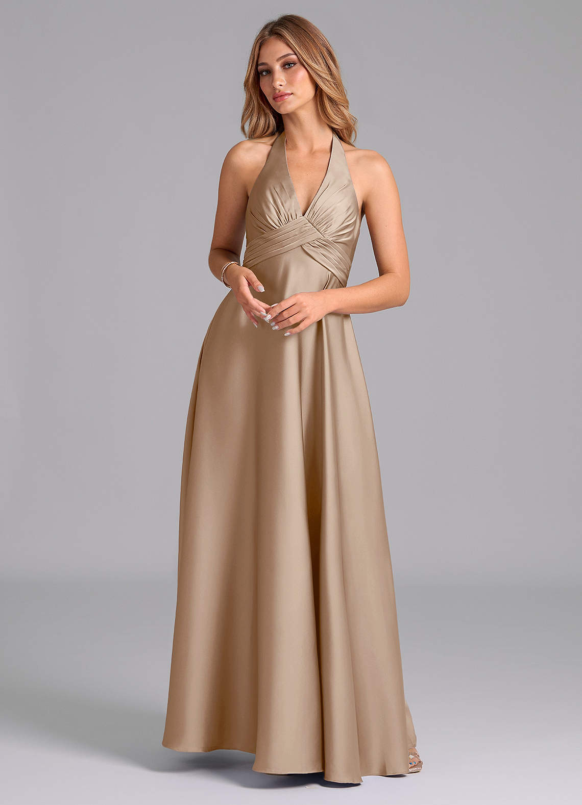 Azazie Tessie Bridesmaid Dresses Taupe A-Line Pleated Stretch Satin Dress image1