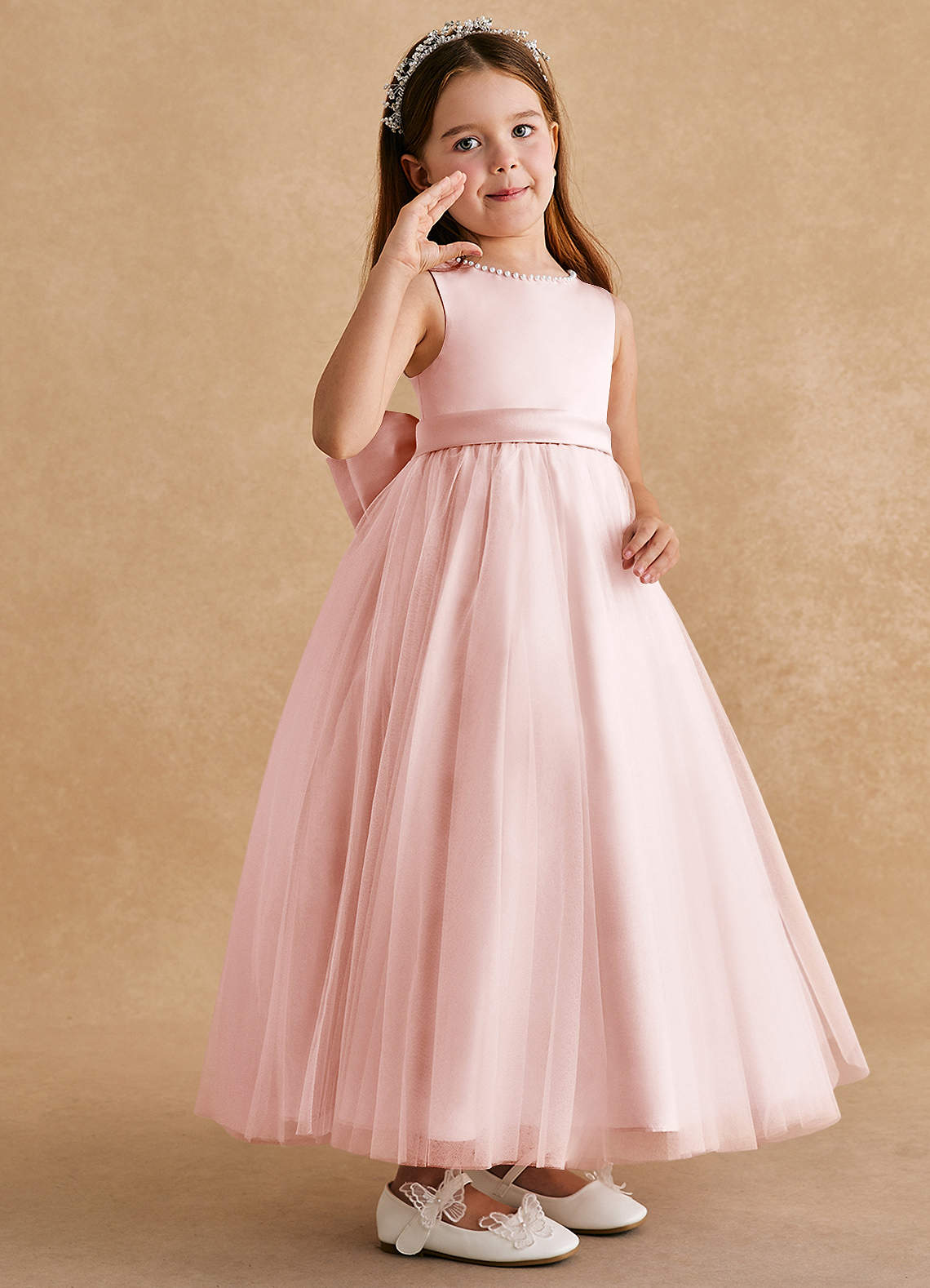 Azazie Cookie Flower Girl Dresses Blushing Pink A-Line Bow Tulle Dress image1