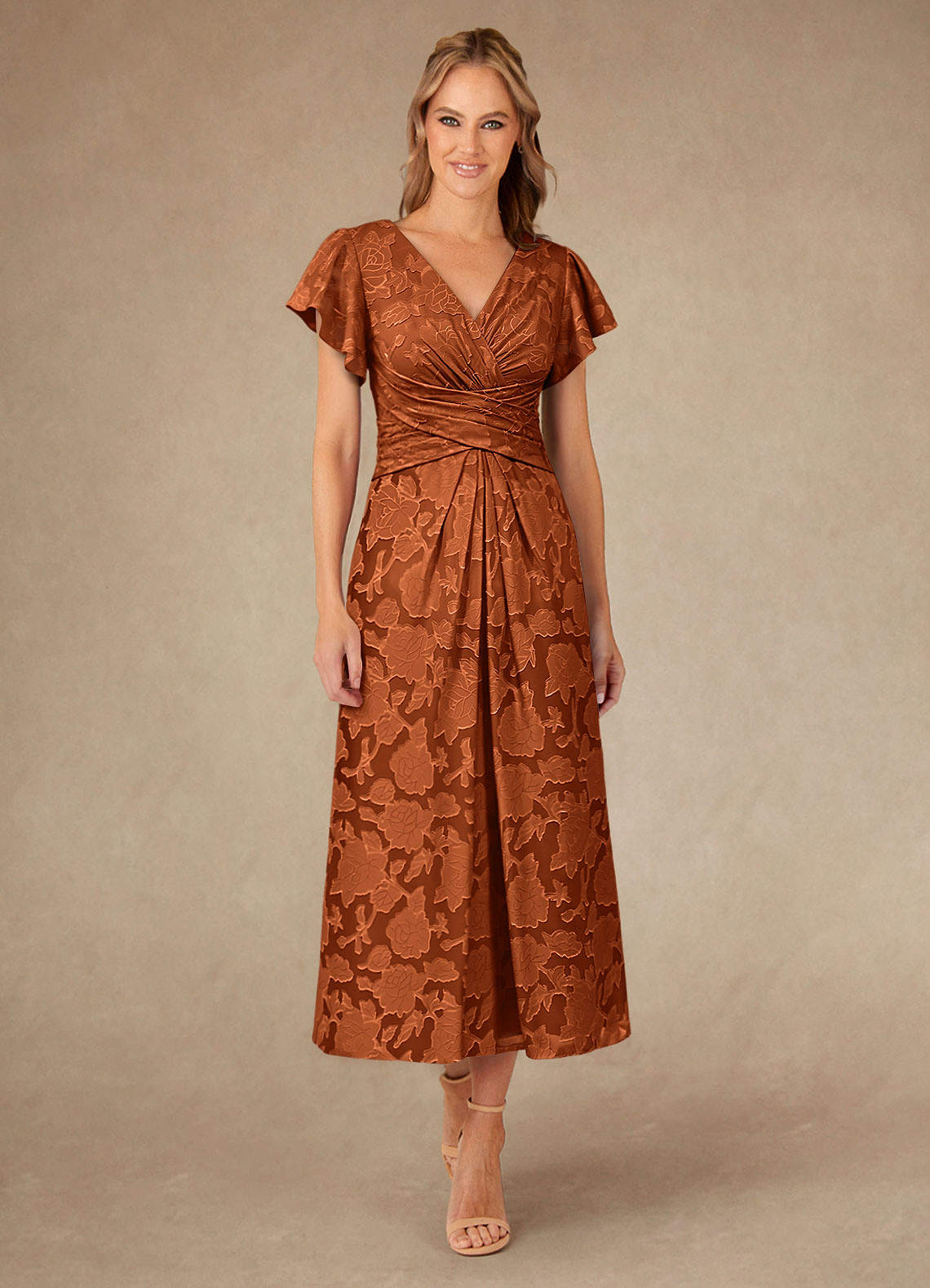 Azazie Vera Mother of the Bride Dresses Burnt Orange A-Line Pleated Floral Burnout Dress image1