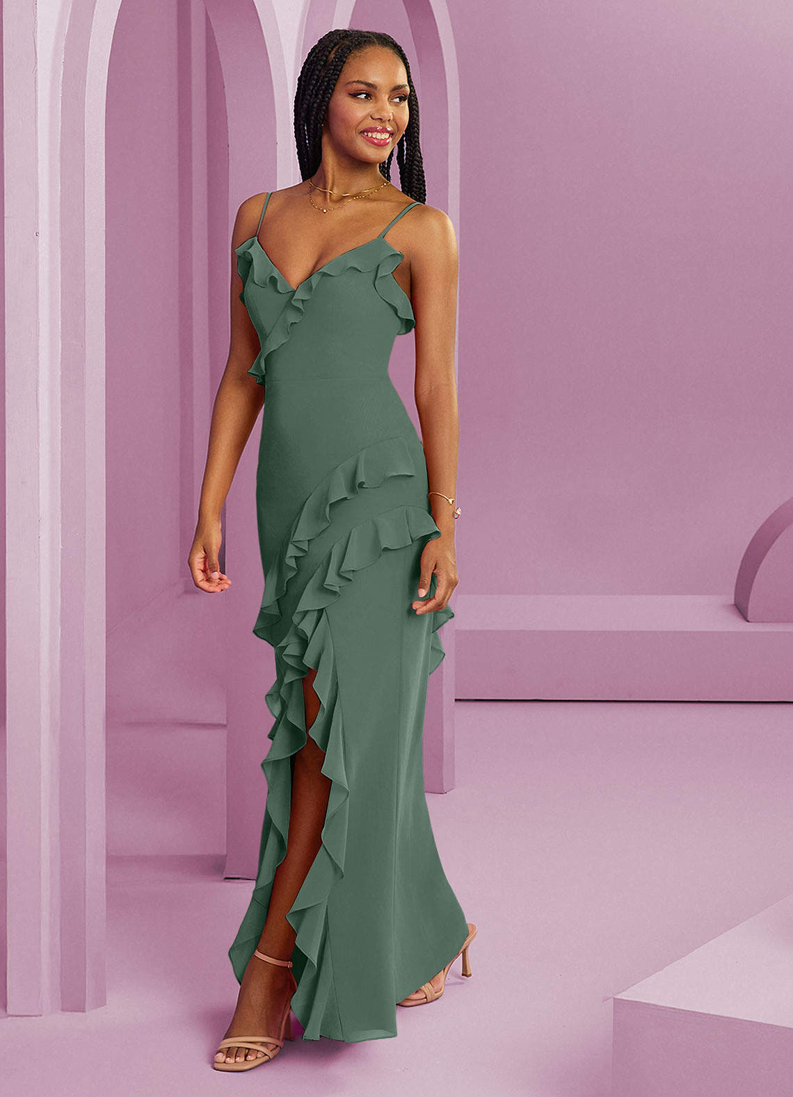 Barbie ♥ Azazie Brautjungfernkleider Etui Chiffon Kleid Eukalyptus image1