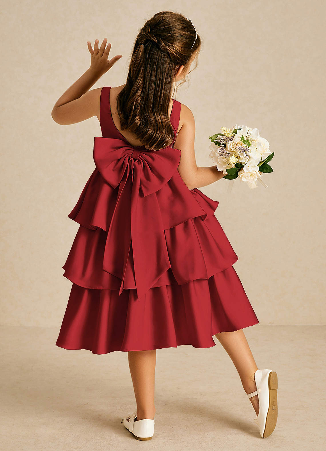 Azazie Margery Blumenmädchenkleider A-Linie Schleifen Stretch-Satin Kleid Granatapfelrot image1