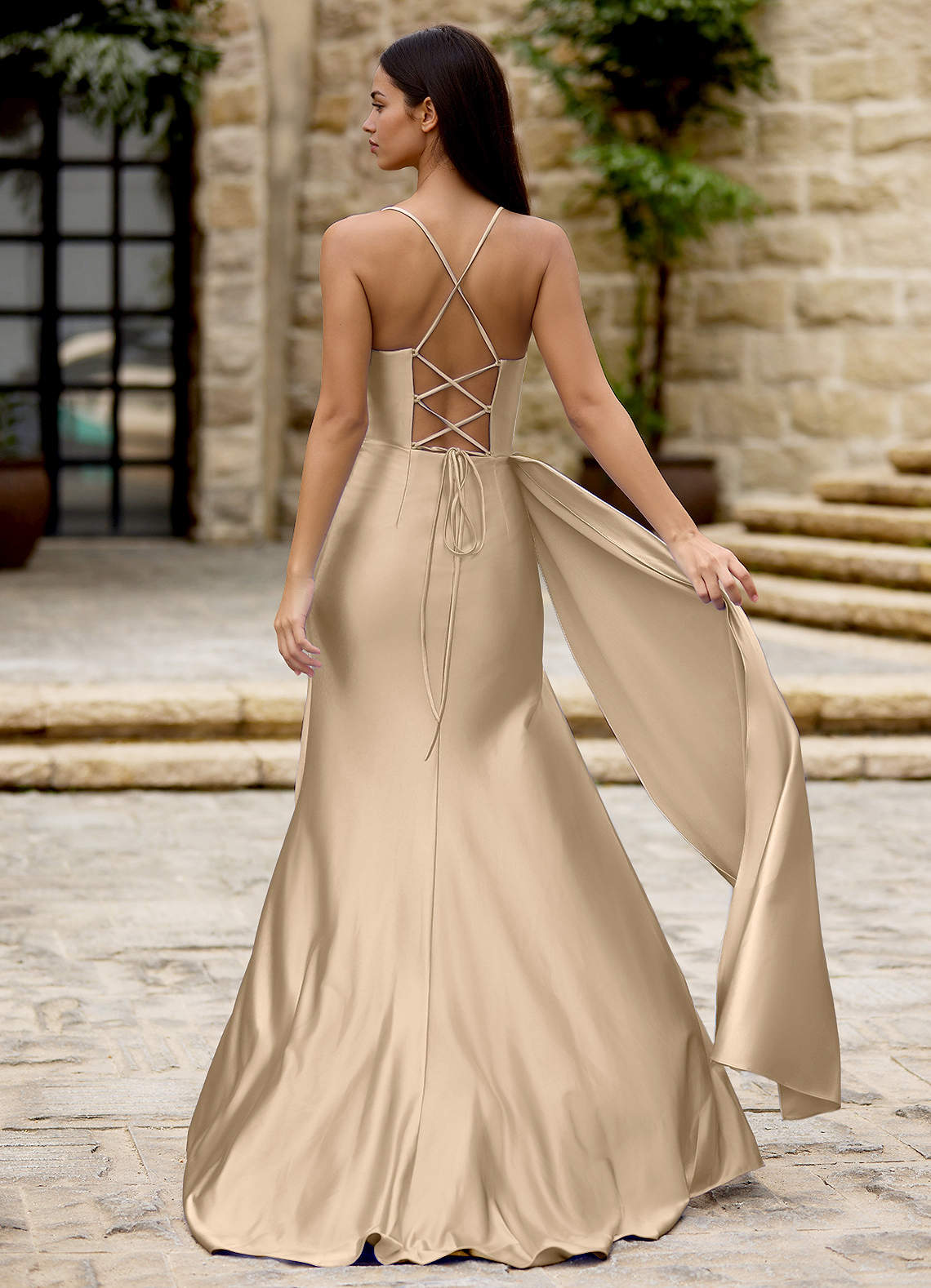 Drape Champagne Satin Prom Dress | Azazie