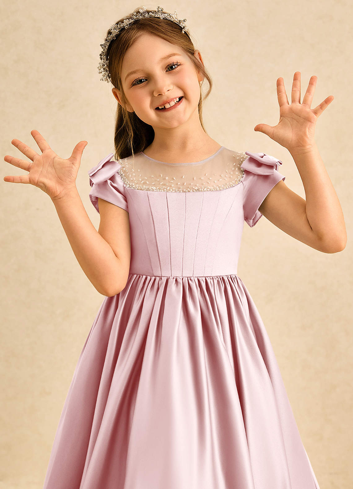 Azazie Toffee Vestidos de florista Vestido Pó Rosa de Cetim fosco de Vestido de baile com Laço image5