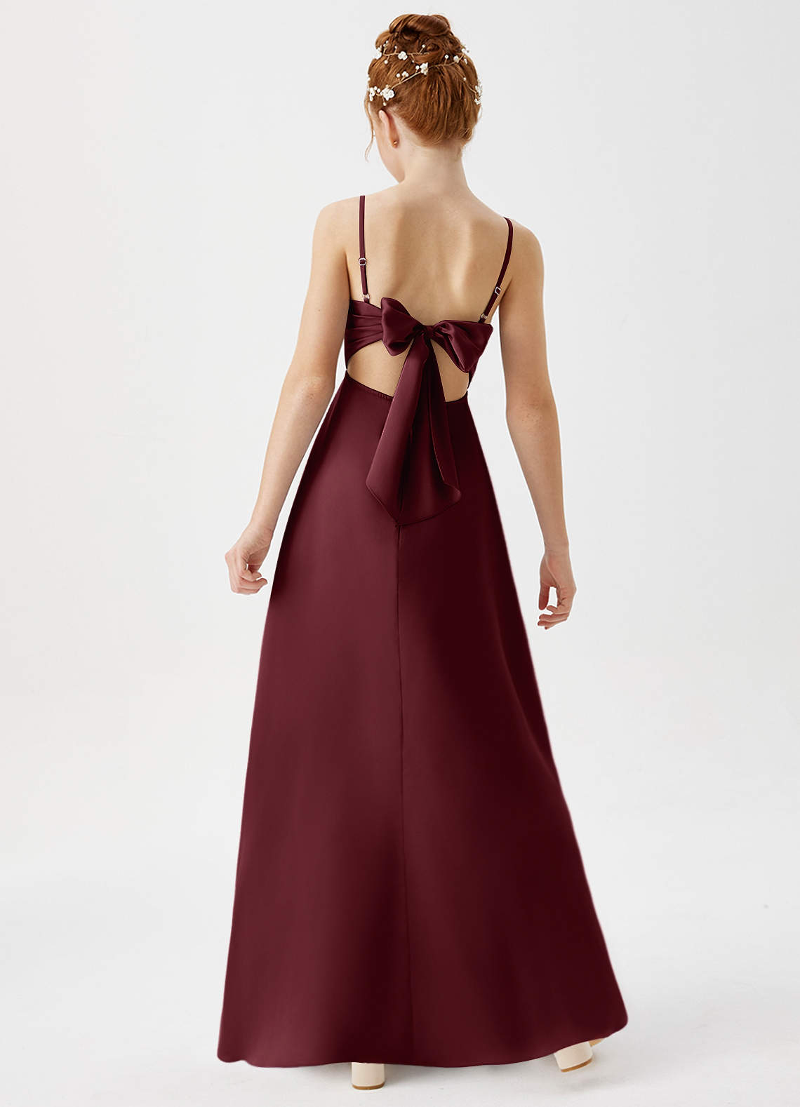 Azazie Shale Junior Abito A-Line in Raso Elasticizzato Cabernet image2