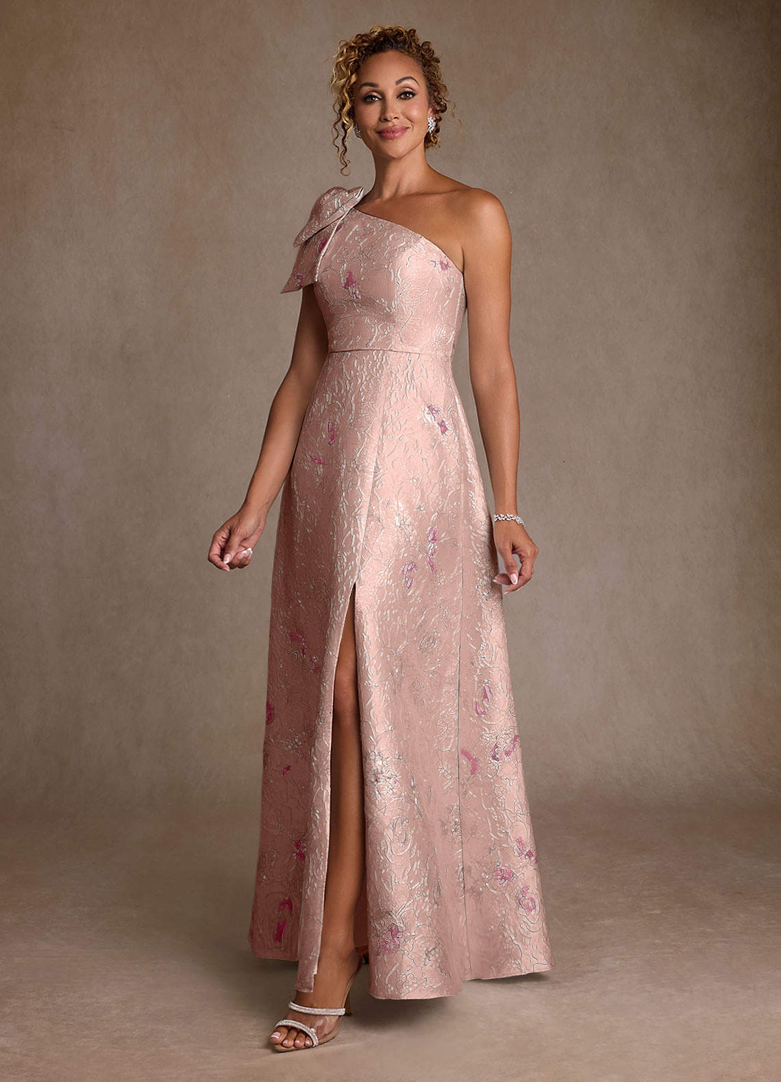 Azazie Margerie Coral Jacquard A-Line One Shoulder Floral Jacquard