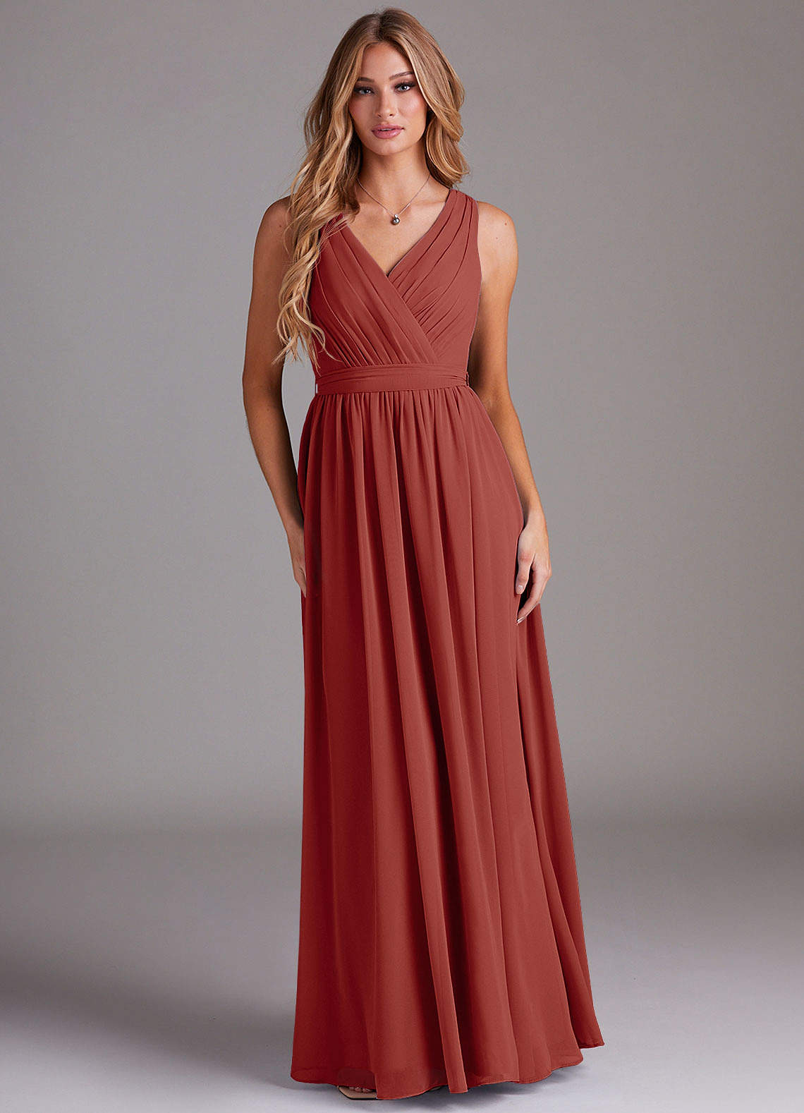 Azazie Kingsley Bridesmaid Dresses Terracotta A-Line Lace Chiffon Dress image1