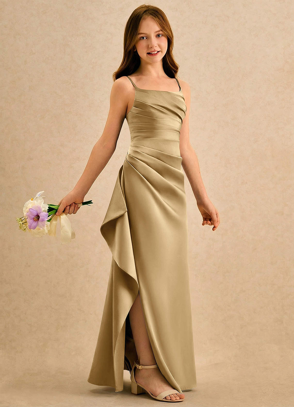 Azazie Cannoli Girls Formal Gold A-Line Pleated Matte Satin Dress