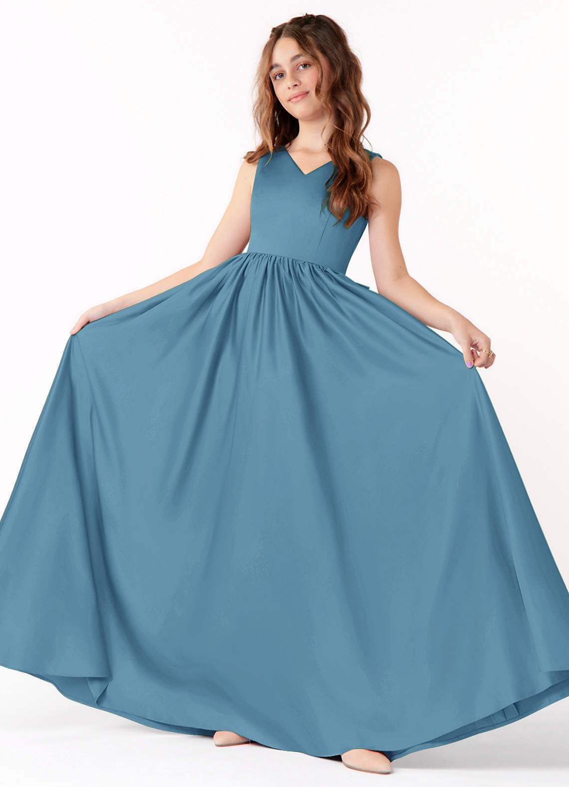 Azazie Hathaway Junior Steel Blue A-Line Bow Matte Satin Dress image1