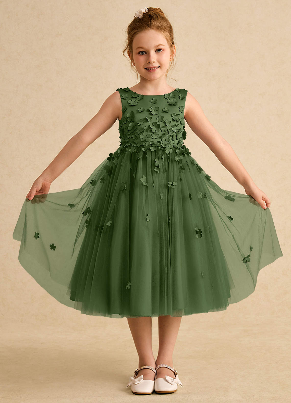 Azazie Lana Flower Girl Dresses Olive A-Line Sleeveless Matte Satin Dress image1