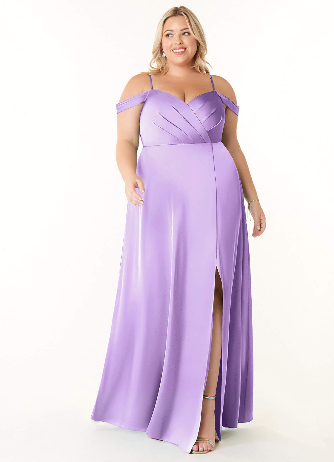 Azazie Ocean Bridesmaid Dresses Lilac A-Line V-Neck Pleated Stretch Satin Dress image1