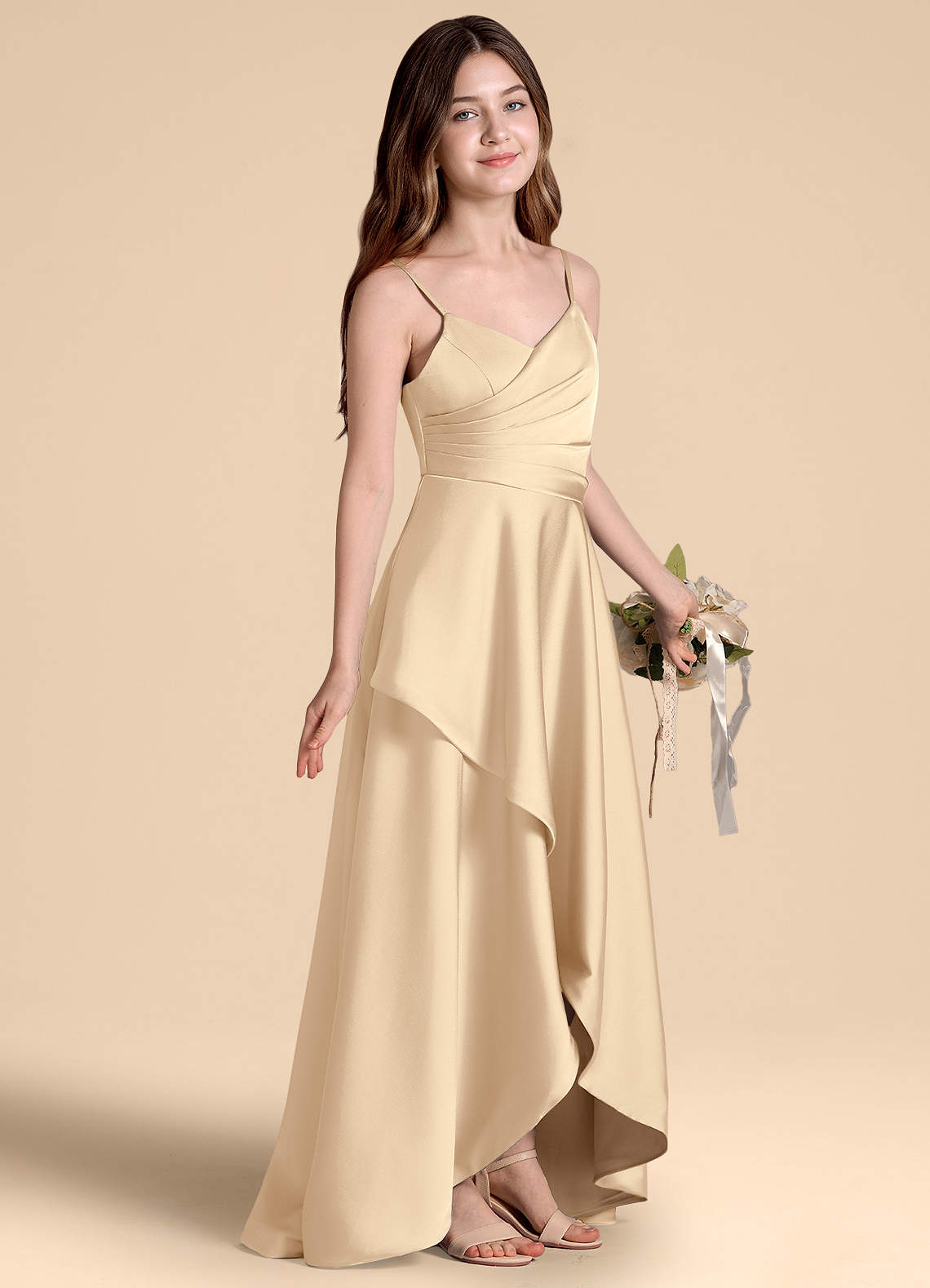 Azazie Prisha Junior Jurk van Stretch Satijn met A-Lijn Geplooid Champagne image1