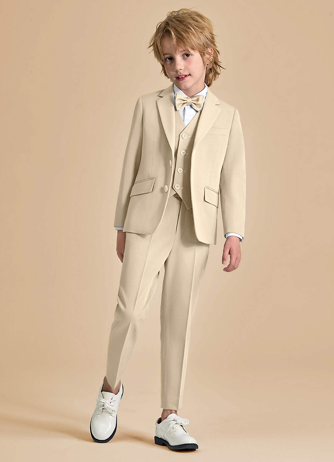front Oliver Boys Tan 5-Piece Suit With Bow Tie