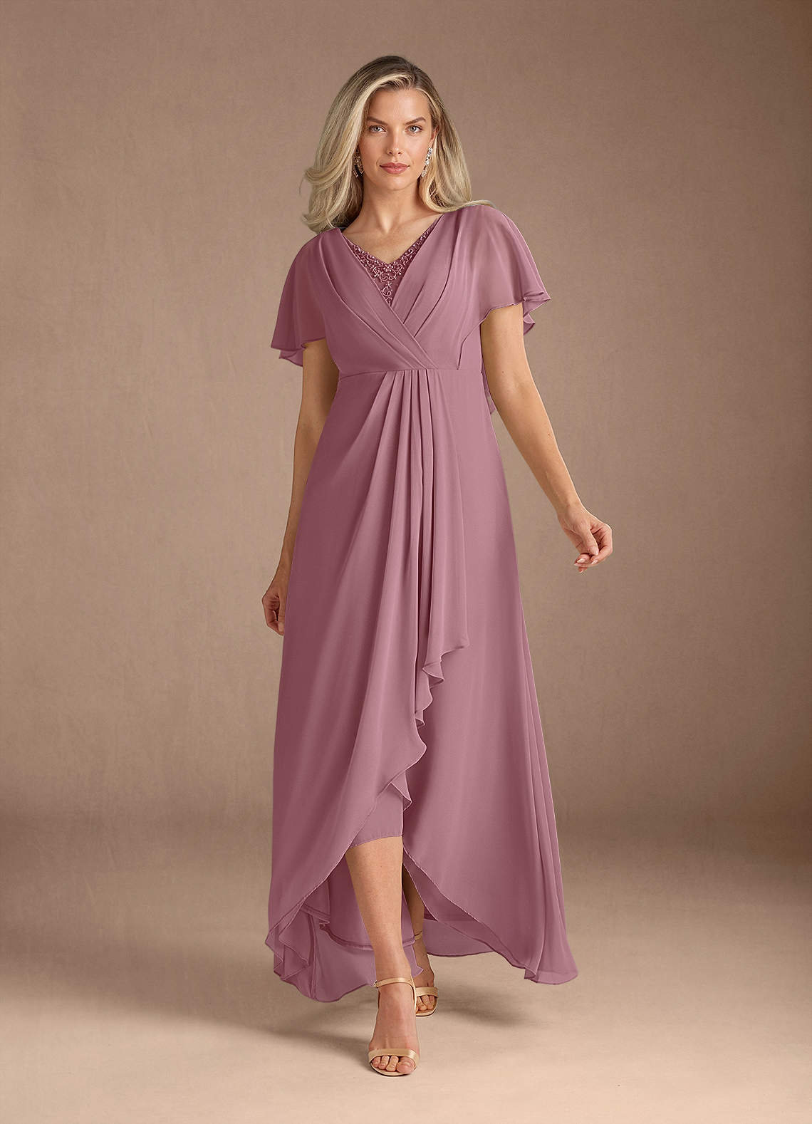 Azazie Eliza Vintage Mauve A-Line V-Neck Pleated Chiffon Dress