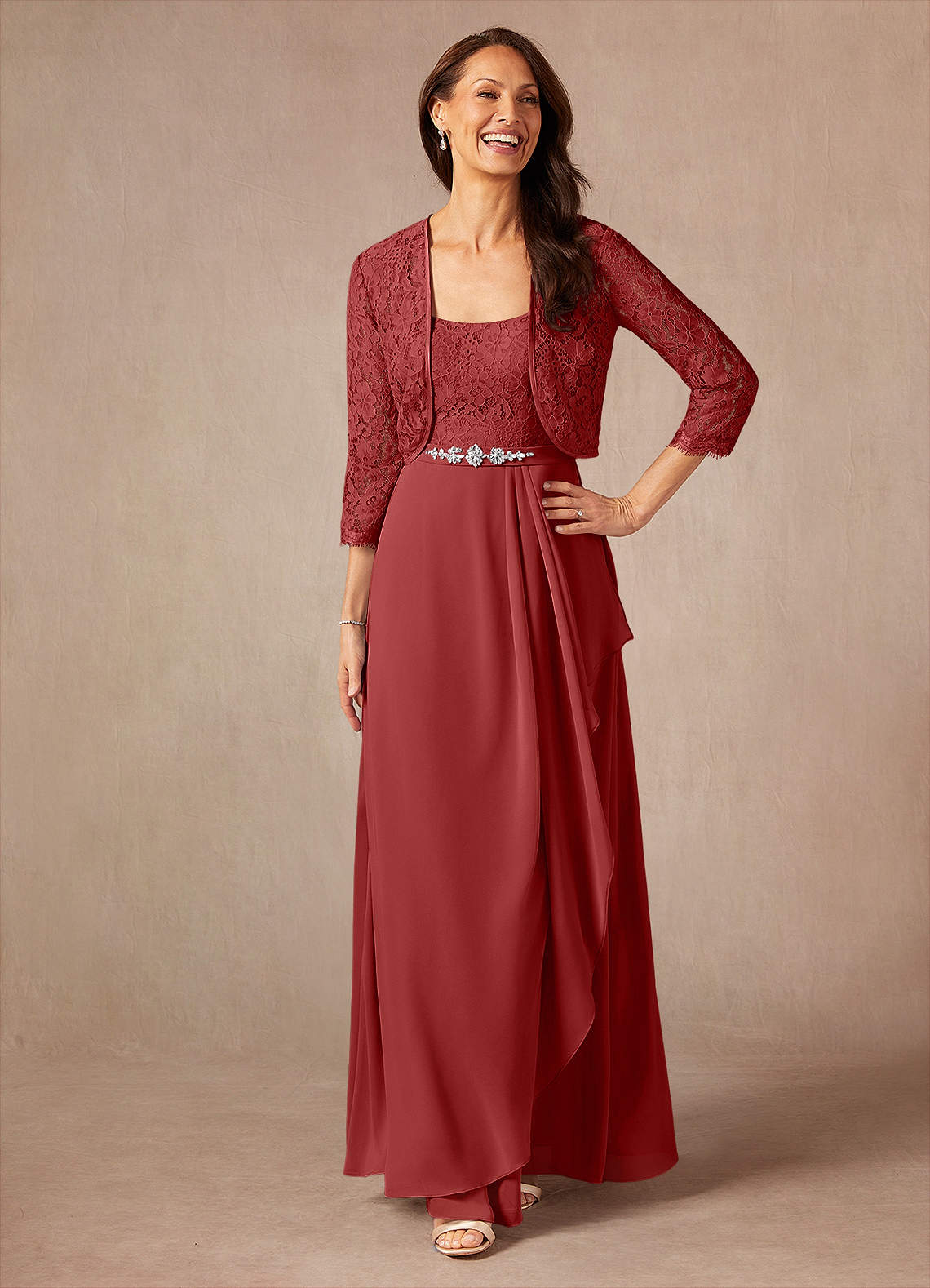 Azazie Ainsling Kleider für die Brautmutter A-Linie Quadratischer Ausschnitt Spitze Chiffon Kleid Rost image1
