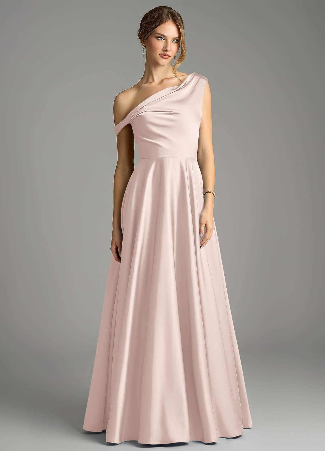 Azazie Xanthe Bridesmaid Dresses Blushing Pink A-Line Off the Shoulder Stretch Satin Dress image2