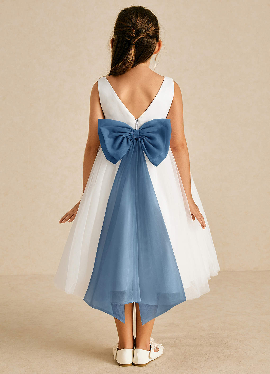 Azazie Kavi Flower Girl Dresses Ivory Twilight A-Line Bow Matte Satin Dress image1