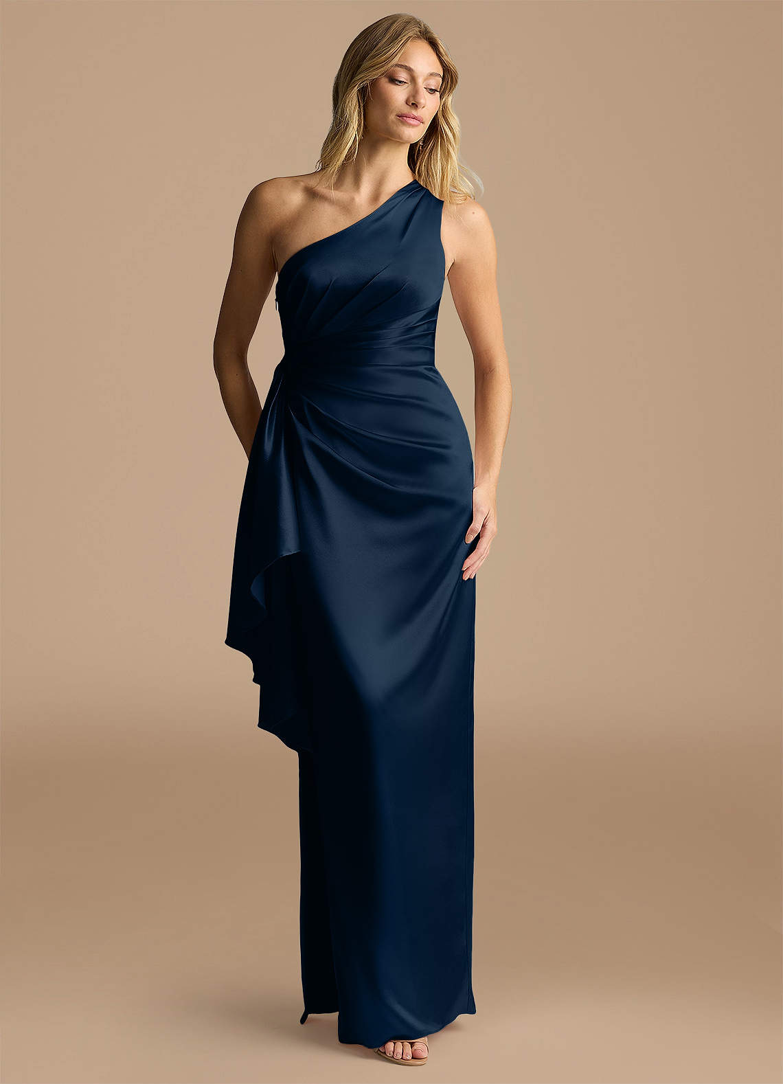 Azazie Saira Final Sale Auburn Sheath One Shoulder Metallic Satin Dress image1