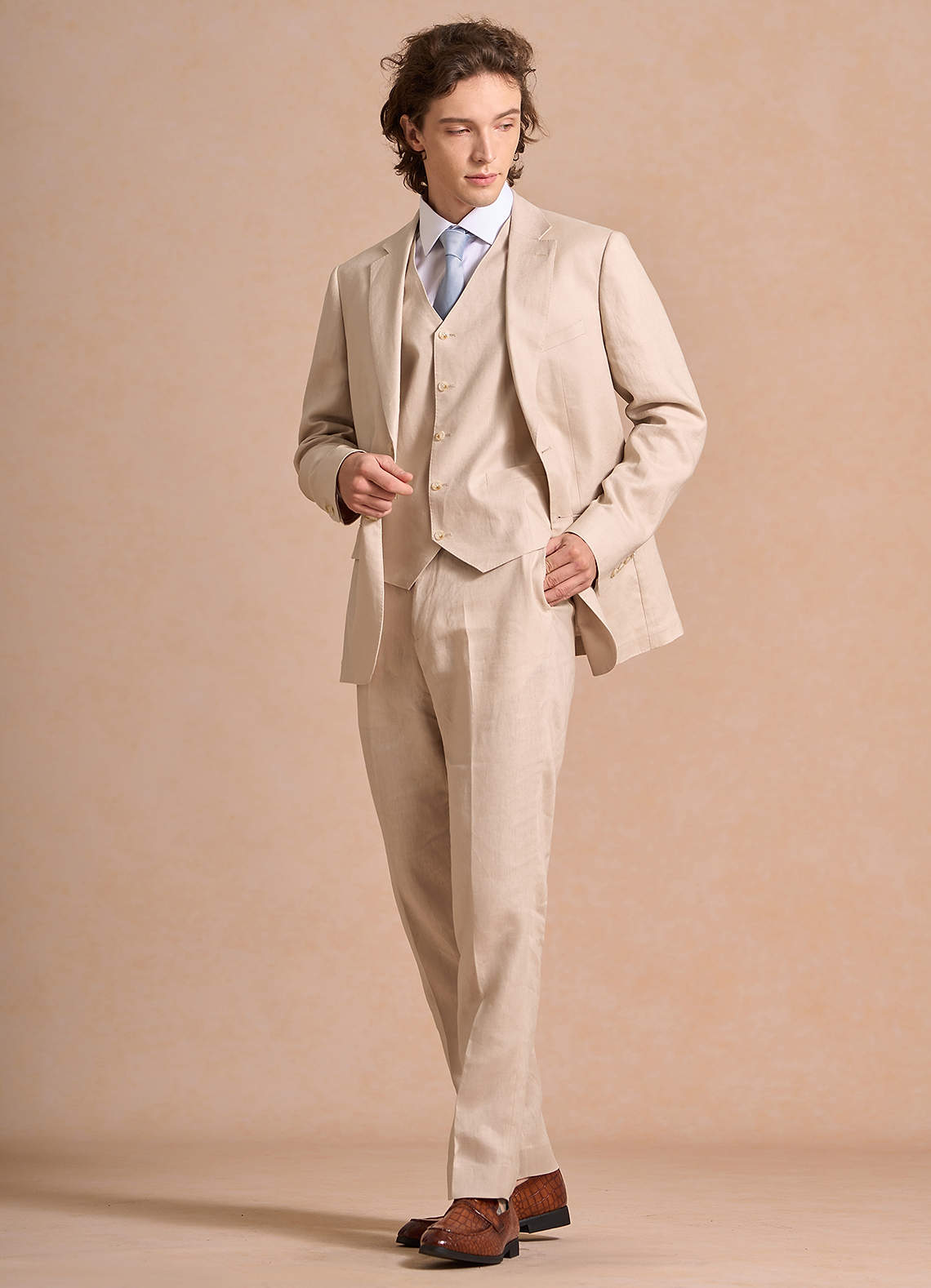 front Harrison Tan 100% Linen 3-Piece Suit