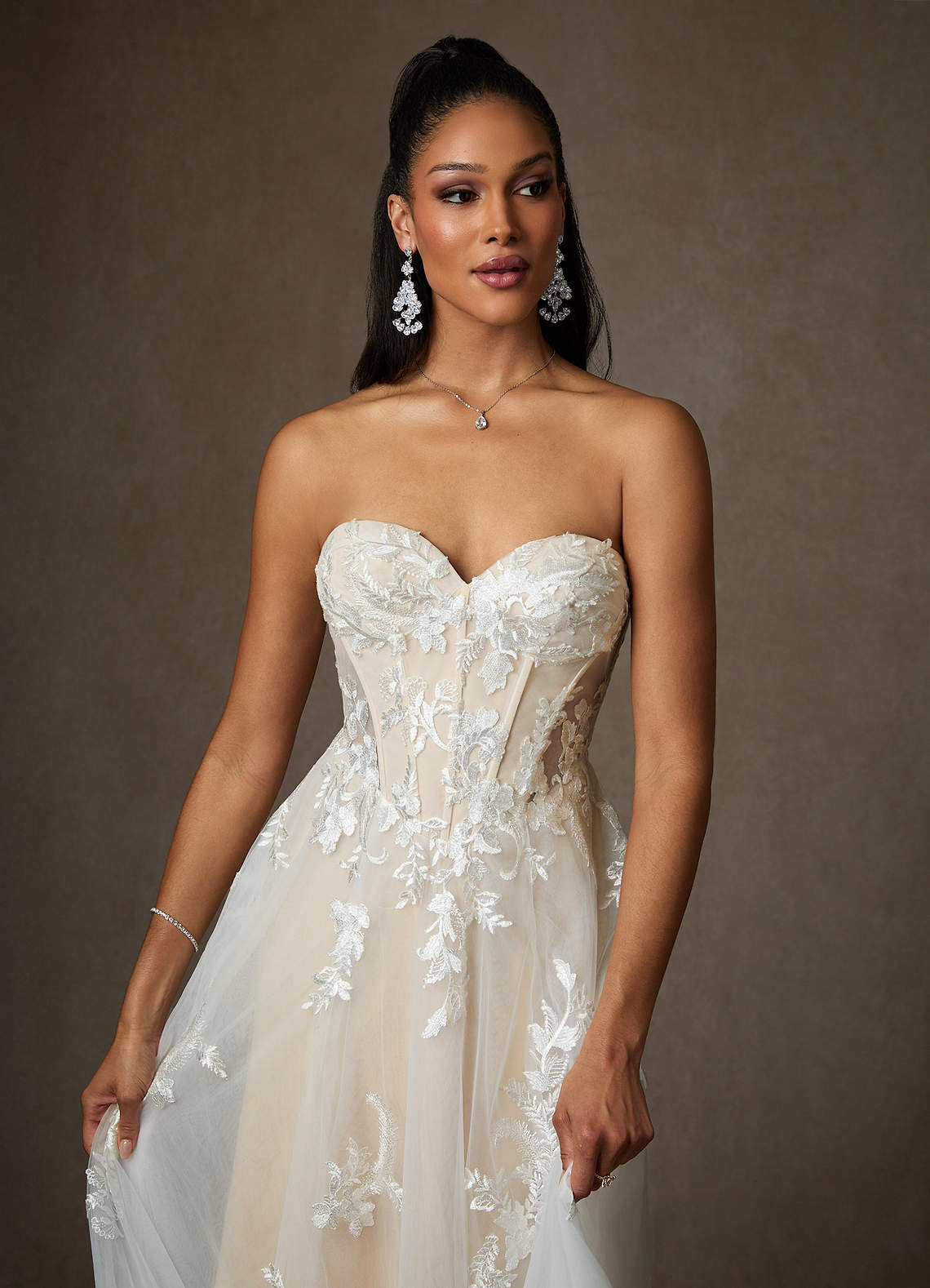 Azazie Aurorie Diamond White Champagne A-Line Sequins Tulle Dress