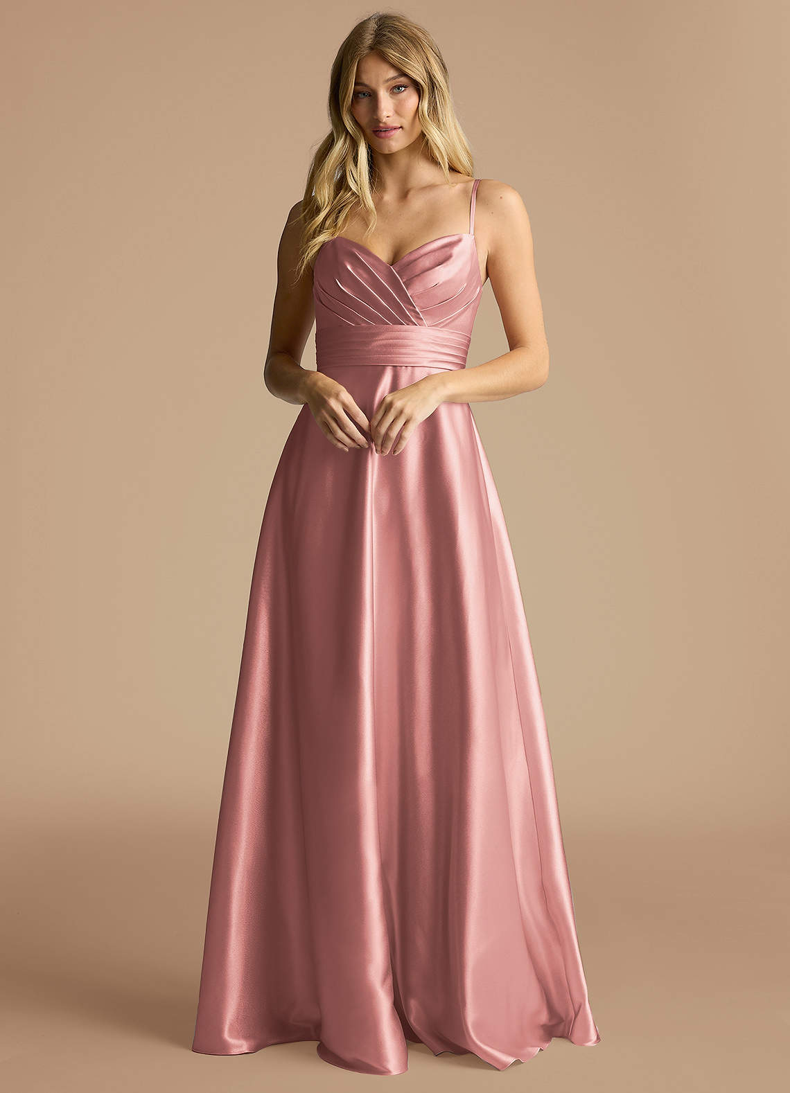 Azazie Oliana Bridesmaid Dresses Dusty Rose A-Line Pleated Metallic Satin Dress image1