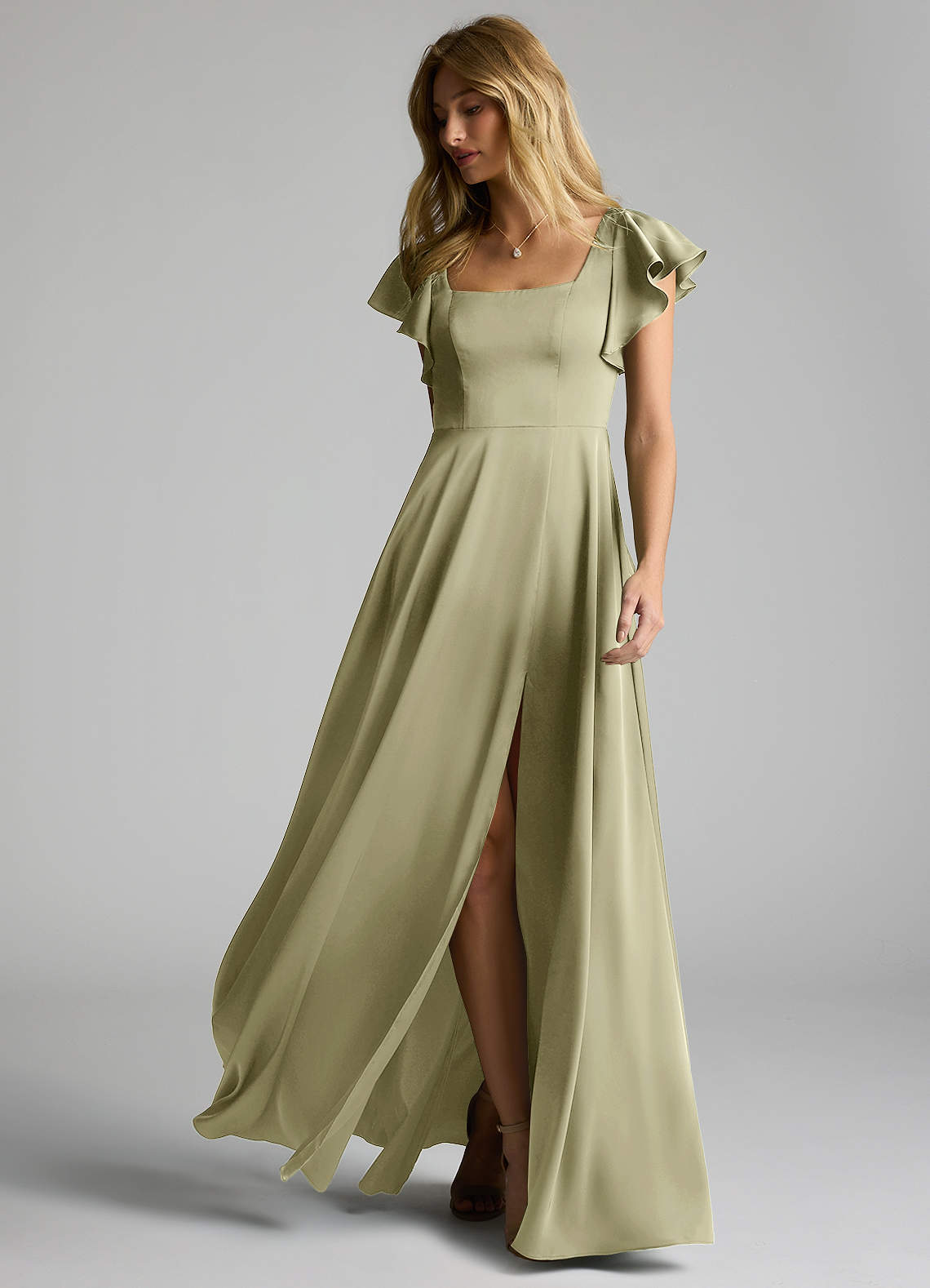 Azazie Bondi Vestidos de madrinha de casamento Vestido Pistache de Cetim elástico de Linha A com Arco image5