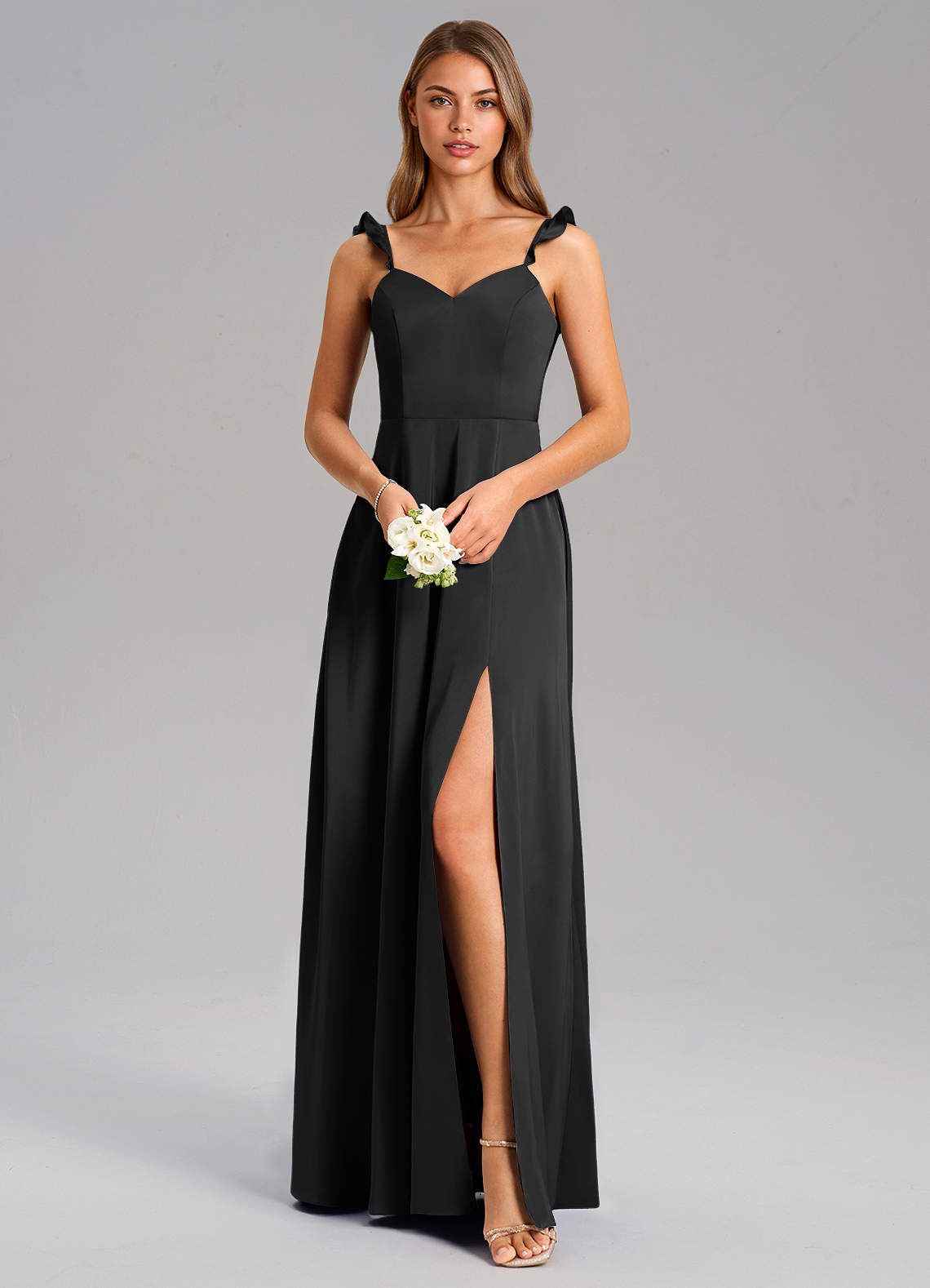 Azazie Everett Kleider zum Anprobieren zu Hause A-Linie Stretch-Satin Kleid Schwarz image4