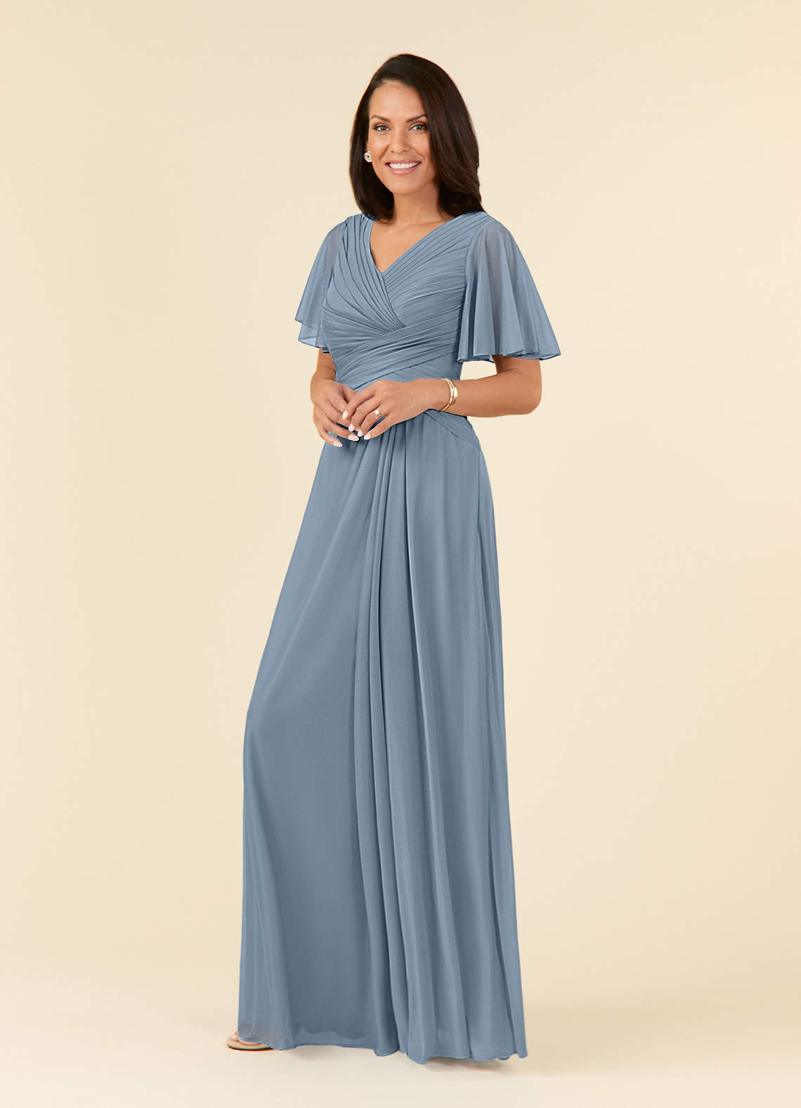 Azazie Emmeline Mother of the Bride Dresses Dusty Blue A-Line V-Neck Pleated Mesh Dress image2