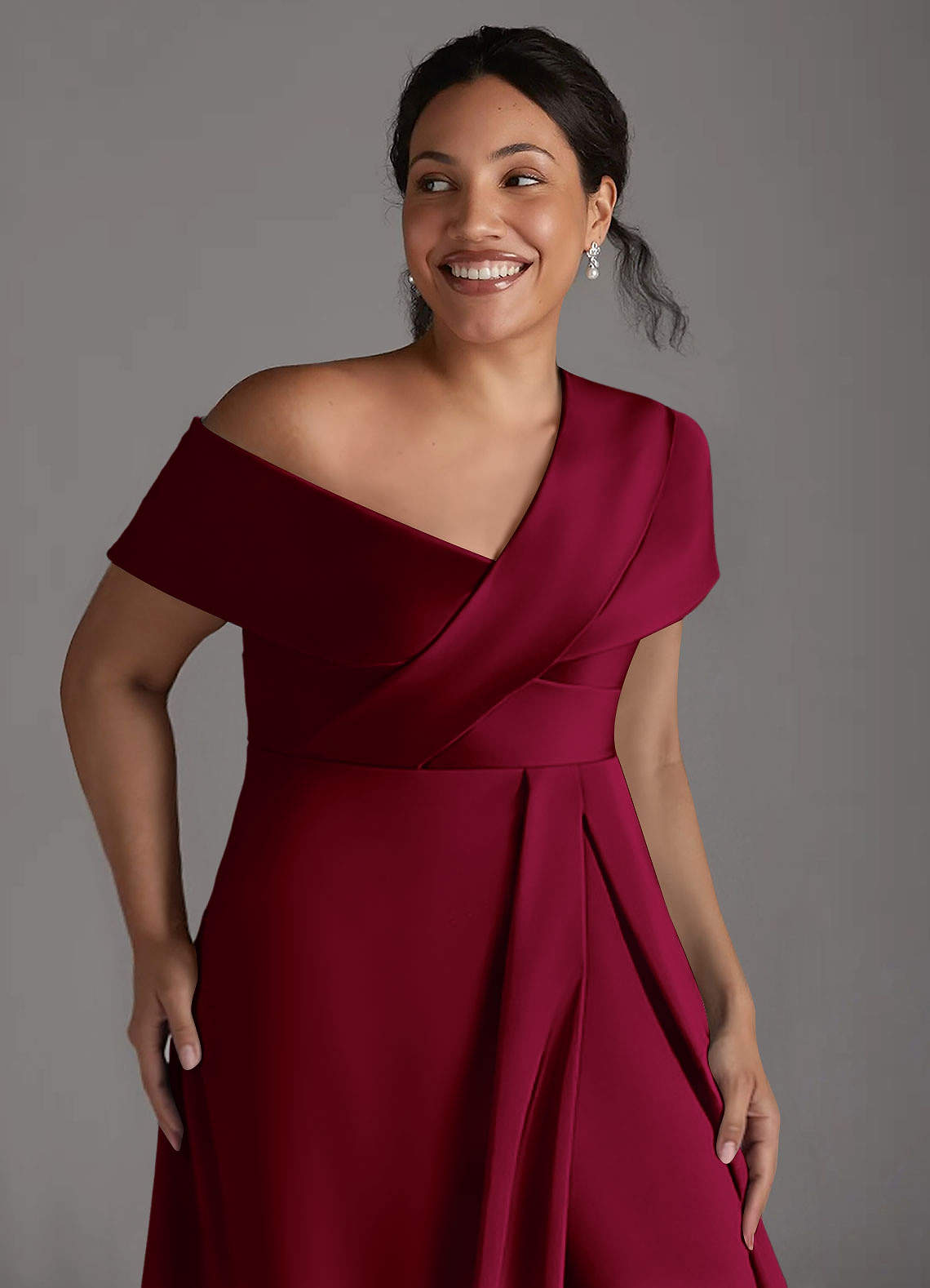 Azazie Milton Mother of the Bride Dresses Burgundy A-Line Pleated Stretch Satin Dress image12