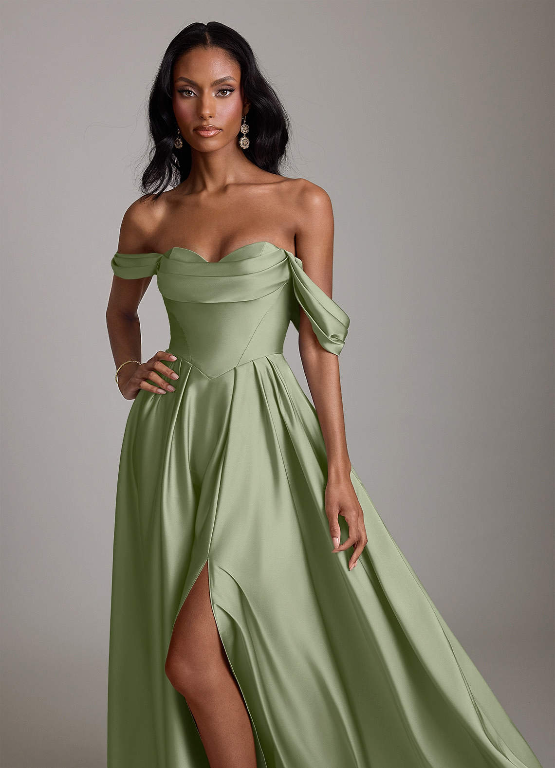 crisscross off the shoulder mesh bridesmaid dress Azazie Loisa Pistachio Stretch Satin Dresses Color:Black/Ivory/Silver Simple Ivory Satin Off-the-Shoulder Both the design and st-red-prom-dress