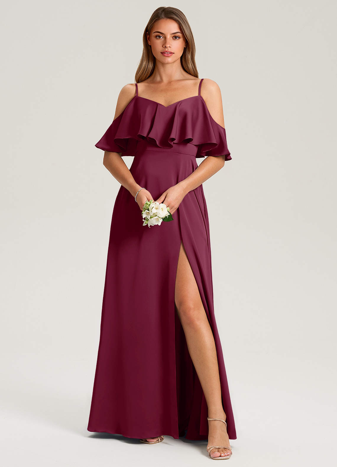 Azazie Jean Bridesmaid Dresses Mulberry A-Line Off the Shoulder Stretch Satin Dress image1