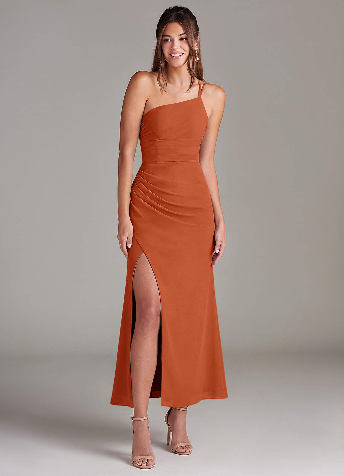 Azazie Eren Robes de demoiselle d'honneur Robe Sirène en Mousseline de soie Une épaule Orange Brûlée image2