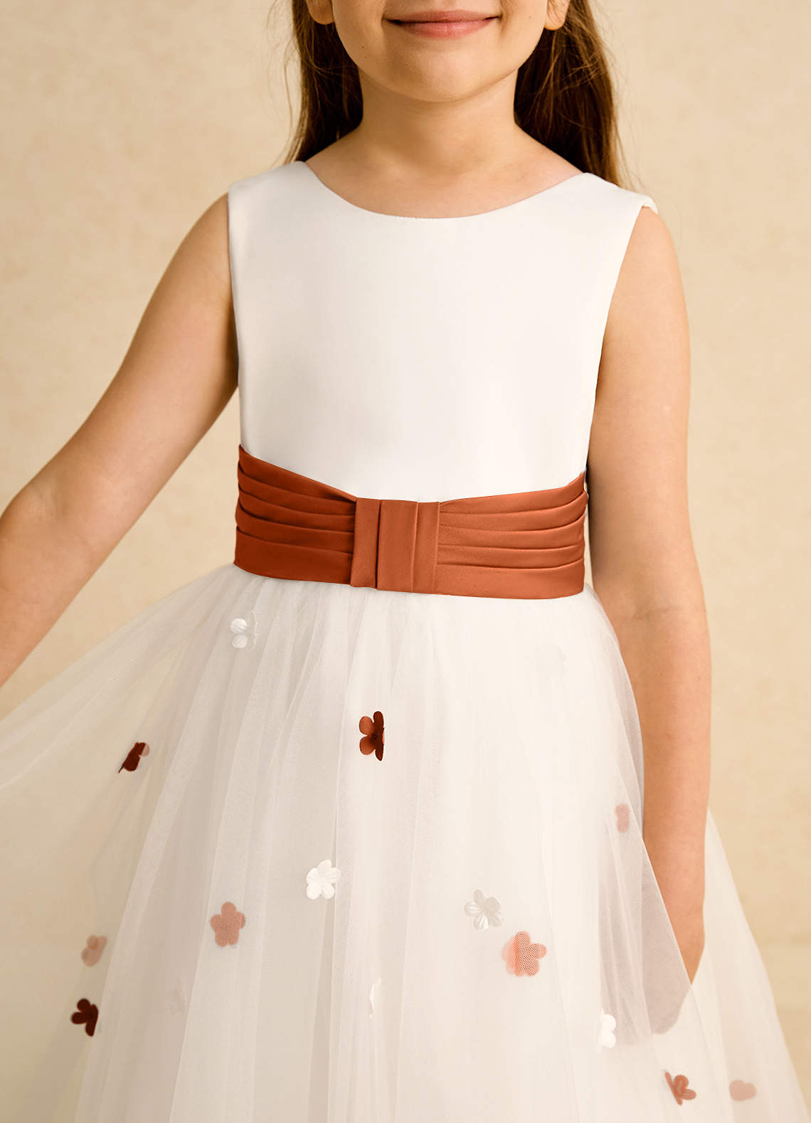 Azazie Cricket Flower Girl Dresses Ivory Burnt Orange Ball-Gown Pleated Matte Satin Dress image7