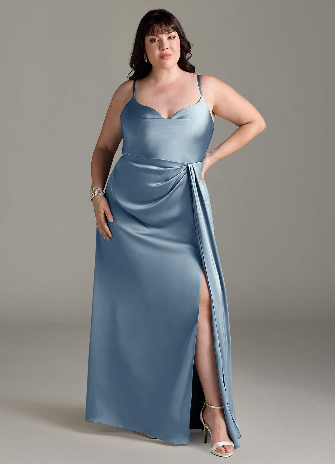 Azazie Brielle Klänningar att prova hemma Klä av A-Linje i Stretch Satin Cowl Spaghetti Remmar Matcha image5