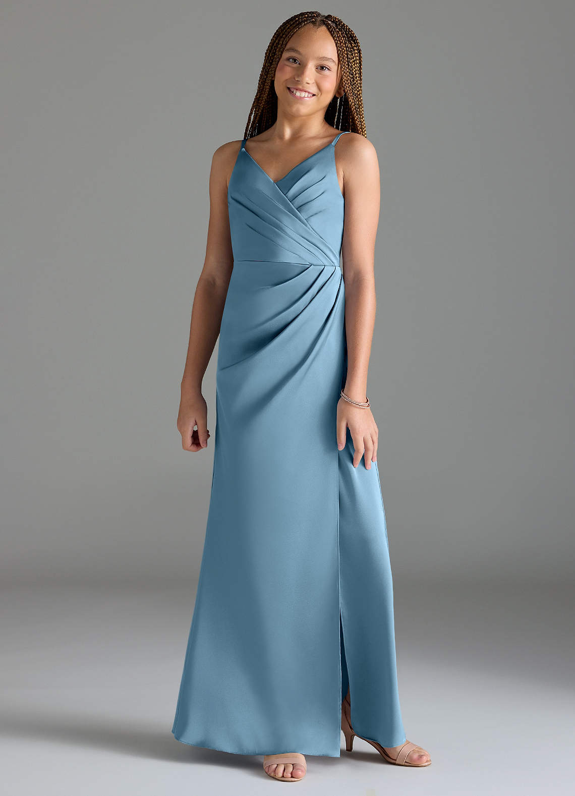 Azazie Maci Junior Steel Blue Mermaid Pleated Stretch Satin Dress image1